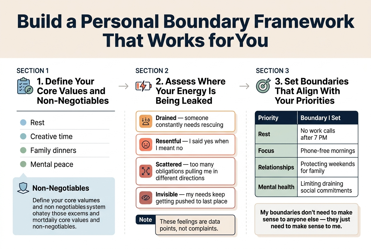 Create a clean professional infographic illustration in a 3:2 aspect ratio with a full-bleed layout, no inset margins, no poster frame, and a wide horizontal composition.
Top header across the full width:
Large bold title in modern sans-serif font, dark navy text on a light warm background: "Build a Personal Boundary Framework That Works for You"
Use a three-part horizontal infographic layout beneath the title, with clear section blocks, icons, and strong visual hierarchy.
SECTION 1 on the left, titled in bold: "1. Define Your Core Values and Non-Negotiables"
Place a checklist icon or compass icon beside the heading. Include a neat list with small colored bullet icons:
"Rest"
"Creative time"
"Family dinners"
"Mental peace"
Add a simple foundation or shield symbol beside the text "Non-Negotiables" in a highlighted callout box.
Use soft blue and sage green accents.
SECTION 2 in the center, titled in bold: "2. Assess Where Your Energy Is Being Leaked"
Place a battery-drain or lightning icon beside the heading. Show four stacked emotional data-point cards with distinct small icons:
"Drained — someone constantly needs rescuing"
"Resentful — I said yes when I meant no"
"Scattered — too many obligations pulling me in different directions"
"Invisible — my needs keep getting pushed to last place"
Add a small note label in a contrasting box: "These feelings are data points, not complaints."
Use orange, coral, and muted red accents to show energy loss.
SECTION 3 on the right, titled in bold: "3. Set Boundaries That Align With Your Priorities"
Place a target icon or boundary line icon beside the heading. Show a two-column mini table with bold column labels:
"Priority"
"Boundary I Set"
Rows:
"Rest" | "No work calls after 7 PM"
"Focus" | "Phone-free mornings"
"Relationships" | "Protecting weekends for family"
"Mental health" | "Limiting draining social commitments"
Add a final highlighted statement below the table in a clean callout box:
"My boundaries don't need to make sense to anyone else — they just need to make sense to me."
Visual style:
Modern editorial infographic, minimal flat vector style, crisp icons, clean grid, strong alignment, balanced spacing, subtle shadows, white and very light beige background, dark navy typography, teal and sage green with coral/orange accent colors. Use bold headings, medium-weight body text, and clear section dividers. Include small directional arrows connecting the three sections from left to right.