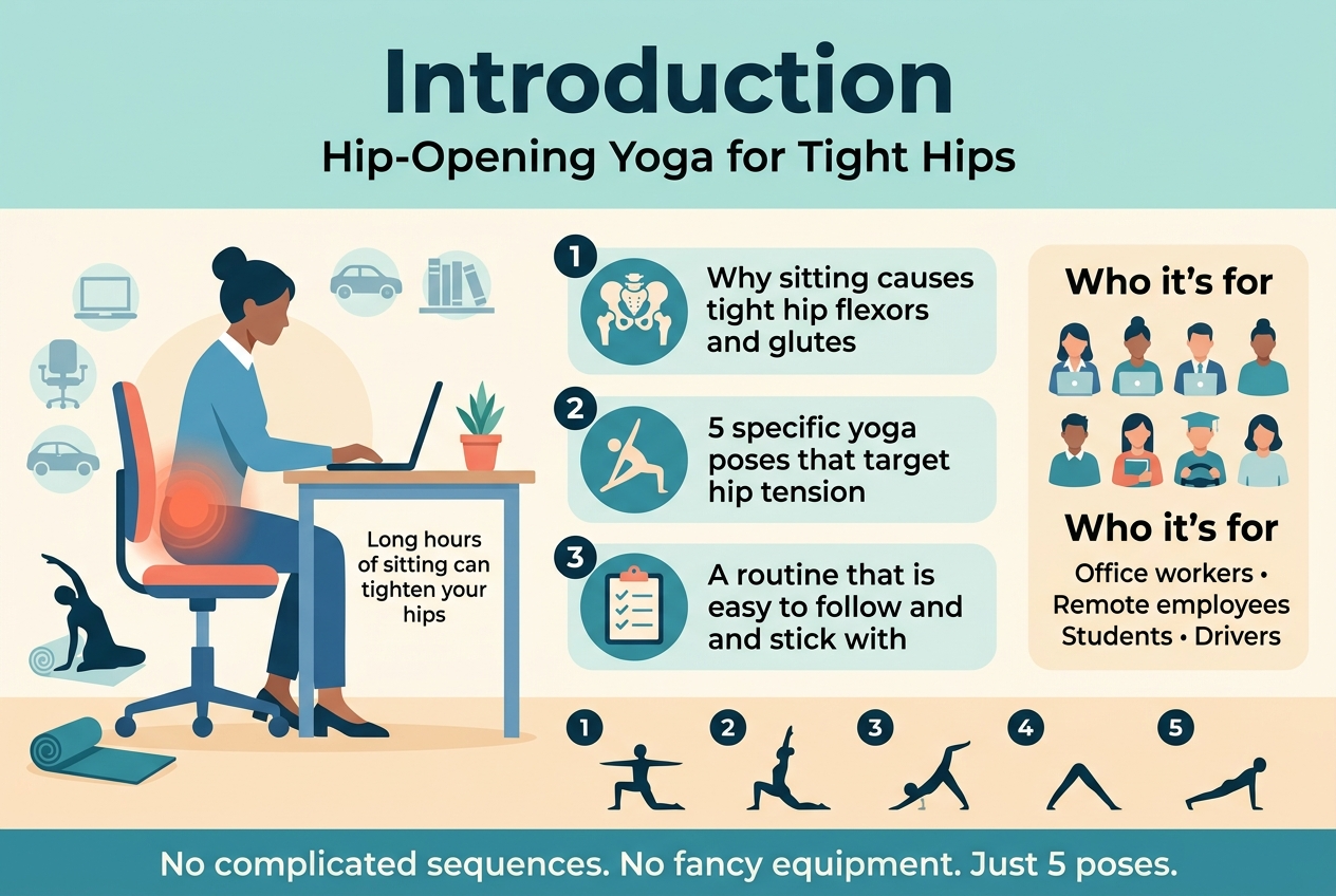 Create a clean professional infographic illustration in a 3:2 landscape aspect ratio, full-bleed layout, modern flat vector style, soft wellness color palette of teal, blue, warm coral, and light cream, with bold sans-serif typography and clear visual hierarchy.

Top header across full width:
Large bold title text: "Introduction"
Subtitle text below: "Hip-Opening Yoga for Tight Hips"

Main composition in wide horizontal sections, not a vertical stack:

Left side hero visual:
A seated office worker at a desk with a tight lower back and hips highlighted in warm coral glow, plus a small yoga mat and stretching silhouette nearby. Add subtle icons of a laptop, chair, car, and books to show sitting all day. Include a small caption block beside the figure with the text:
"Long hours of sitting can tighten your hips"

Center section with three numbered feature blocks in a horizontal row, each in its own rounded rectangle with an icon:

1. Block with a hip joint / pelvis icon and the text:
"Why sitting causes tight hip flexors and glutes"

2. Block with a yoga pose icon and the text:
"5 specific yoga poses that target hip tension"

3. Block with a simple routine checklist icon and the text:
"A routine that is easy to follow and stick with"

Right side audience block:
A grid of small person icons representing office workers, remote employees, students, and drivers, with the heading:
"Who it's for"
and the text:
"Office workers • Remote employees • Students • Drivers"

Bottom band across full width:
A simple row of five pose placeholders shown as minimal yoga silhouette icons with numbered circles 1 through 5 above them, and a supporting text strip:
"No complicated sequences. No fancy equipment. Just 5 poses."

Use strong contrast, clean spacing, subtle shadows, and organized alignment. Keep all text crisp, readable, and exactly as written. No border frame, no poster mockup, no extra decorative clutter.
