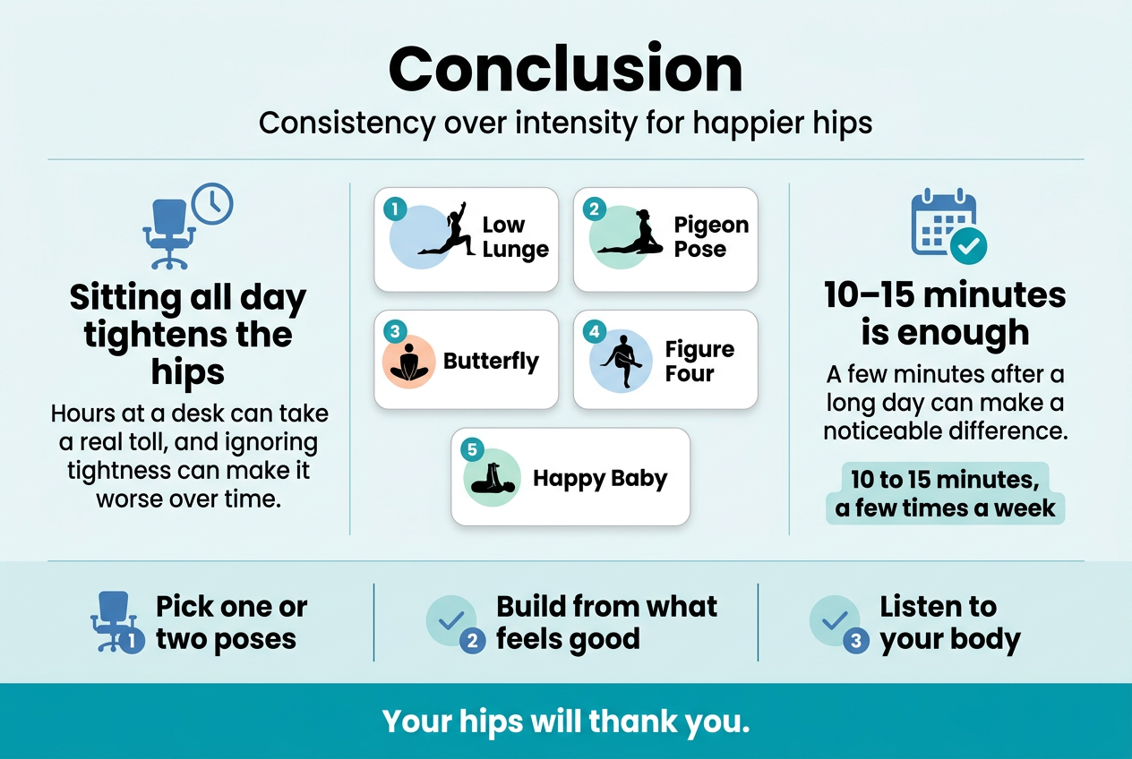 3:2 landscape infographic, full-bleed layout, clean modern fitness design, light background with soft blue and teal accents, bold sans-serif typography, high contrast, professional medical-wellness style.

Top header across the full width:
Large bold title text: "Conclusion"
Smaller subtitle text beneath: "Consistency over intensity for happier hips"

Main body in a wide 3-column layout with clear visual hierarchy:

Left section, large text block with a seated desk icon:
Heading text: "Sitting all day tightens the hips"
Supporting text: "Hours at a desk can take a real toll, and ignoring tightness can make it worse over time."
Use a blue chair and clock icon.

Center section, 5 horizontal mini cards arranged in two rows:
Card 1: "Low Lunge" with a lunge/stretch silhouette icon
Card 2: "Pigeon Pose" with a hip-opening yoga pose icon
Card 3: "Butterfly" with knees-open seated stretch icon
Card 4: "Figure Four" with crossed-leg hip stretch icon
Card 5: "Happy Baby" with a reclined stretch icon
Each card uses a small colored icon circle and a short label only.

Right section, large emphasized callout with a calendar and checkmark icon:
Heading text: "10–15 minutes is enough"
Supporting text: "A few minutes after a long day can make a noticeable difference."
Secondary text below in a highlighted box: "10 to 15 minutes, a few times a week"

Bottom wide banner spanning the full width with three simple icon-text steps, separated by vertical dividers:
1. "Pick one or two poses"
2. "Build from what feels good"
3. "Listen to your body"
Use small numbered circles beside each step and gentle checkmark icons.

Footer message in a bold accent strip at the bottom:
Text: "Your hips will thank you."

Use airy spacing, balanced alignment, subtle line dividers, rounded rectangles, and clear section labels. No extra text beyond the specified wording.