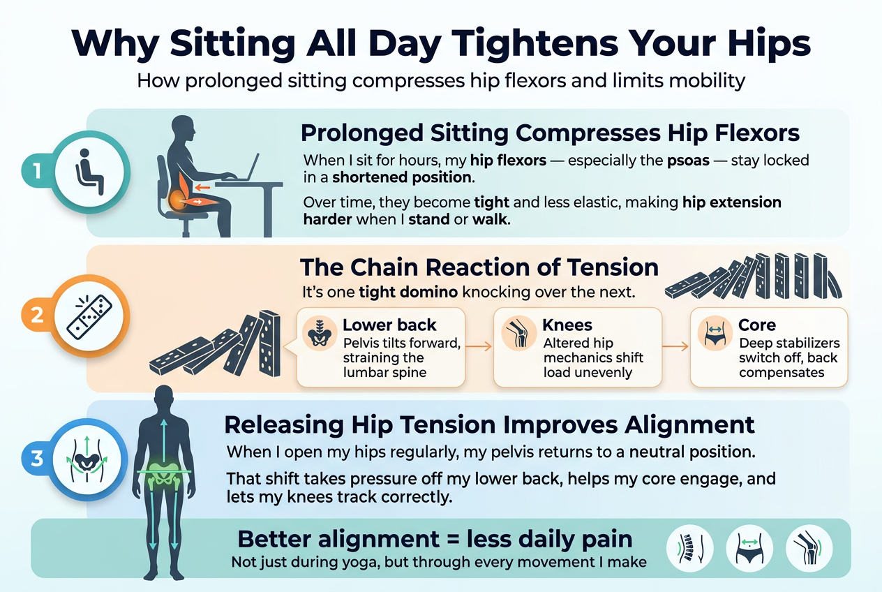 Create a clean, professional full-bleed infographic illustration in 3:2 aspect ratio with a modern medical/fitness style. Use a light background with subtle blue and teal gradients, dark navy text, and orange accent highlights. Use a bold sans-serif title at the top spanning the width.

Top header:
- Large bold title centered across the top: "Why Sitting All Day Tightens Your Hips"
- Small subtitle beneath it in medium weight: "How prolonged sitting compresses hip flexors and limits mobility"

Main layout:
- Use three wide horizontal sections across the page, each with a left-side numbered circle icon and a right-side text block.
- Keep a clean multi-column infographic layout, not a narrow poster.

Section 1 on the upper middle left-to-right:
- Numbered circle icon "1" in teal with a simple seated figure icon.
- Heading: "Prolonged Sitting Compresses Hip Flexors"
- Short body text in two lines:
  "When I sit for hours, my hip flexors — especially the psoas — stay locked in a shortened position."
  "Over time, they become tight and less elastic, making hip extension harder when I stand or walk."
- Visual: a side-view human silhouette seated at a desk with the hip area highlighted in orange, showing a shortened psoas with a compressed arrow.

Section 2 in the center:
- Numbered circle icon "2" in orange with a chain-reaction or domino icon.
- Heading: "The Chain Reaction of Tension"
- Three connected mini callout blocks arranged horizontally with thin arrows linking them:
  - "Lower back" with a small spine/pelvis icon and text: "Pelvis tilts forward, straining the lumbar spine"
  - "Knees" with a knee joint icon and text: "Altered hip mechanics shift load unevenly"
  - "Core" with a core/stability icon and text: "Deep stabilizers switch off, back compensates"
- Add a visual line of dominoes from hip to back to knees to core, with the phrase centered above them: "It's one tight domino knocking over the next."

Section 3 on the lower middle:
- Numbered circle icon "3" in blue with an open-hip / posture icon.
- Heading: "Releasing Hip Tension Improves Alignment"
- Short body text in two lines:
  "When I open my hips regularly, my pelvis returns to a neutral position."
  "That shift takes pressure off my lower back, helps my core engage, and lets my knees track correctly."
- Visual: a standing human silhouette with hips highlighted in green, a level pelvis line, and clean alignment arrows upward through torso and downward through legs.

Bottom summary band across the full width:
- A soft teal banner with bold text: "Better alignment = less daily pain"
- Smaller line beneath: "Not just during yoga, but through every movement I make"
- Include three small icons spaced evenly: a relaxed lower back, a stable core, and aligned knees.

Typography and style:
- Use bold headings, medium-weight body text, and clear hierarchy.
- Keep text readable and concise, with ample spacing.
- Use simple flat vector shapes, subtle shadows, and medical infographic icons.
- No extra text beyond what is specified.