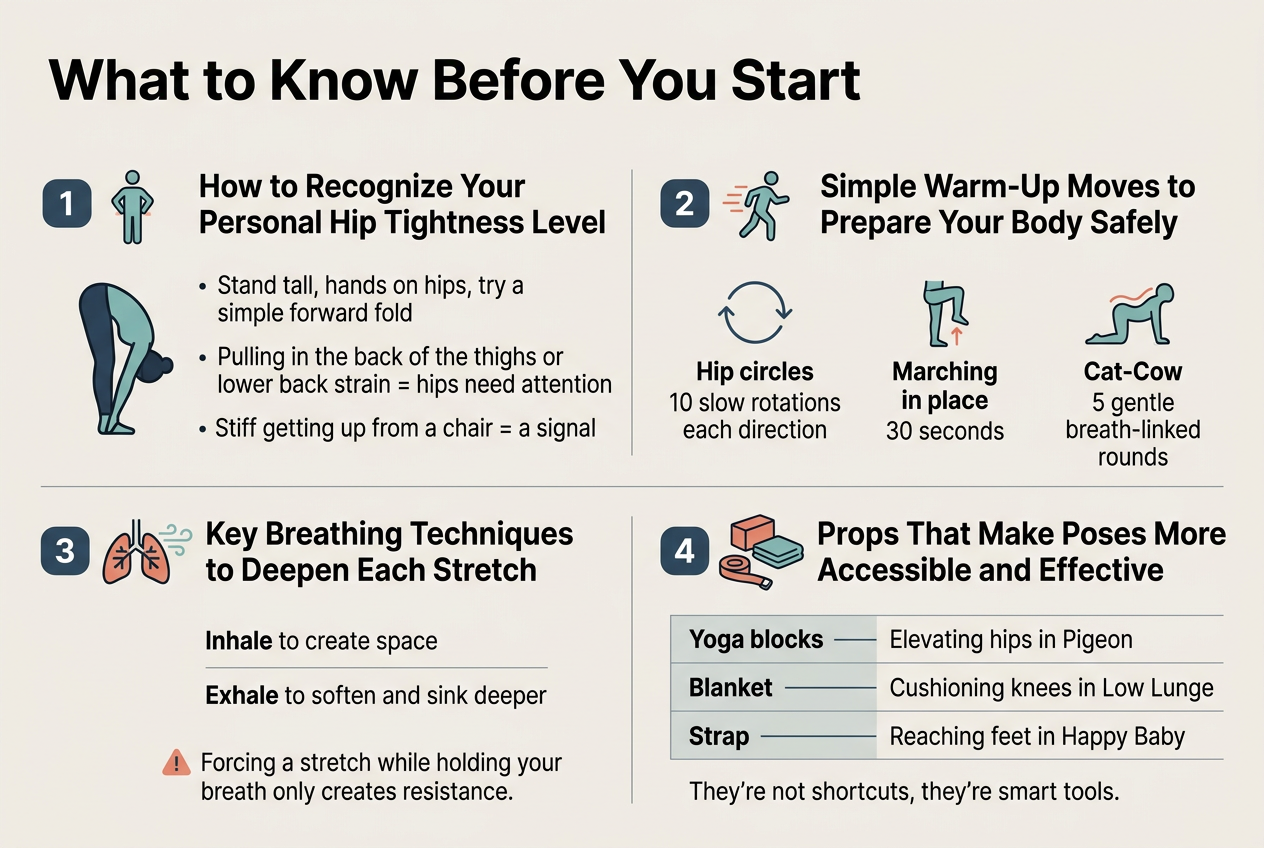 Create a clean, modern full-bleed infographic in a 3:2 aspect ratio with a soft neutral background, teal and navy accents, and warm coral highlights. Use a bold sans-serif title at the top left: "What to Know Before You Start". Below the title, organize the content into four wide horizontal sections with clear icons, numbered labels, and balanced spacing across the page. Avoid a narrow vertical poster layout.

Section 1 on the upper left: a number badge "1" beside a simple body icon and a forward-fold pose silhouette. Heading: "How to Recognize Your Personal Hip Tightness Level". Include short bullet text:
- "Stand tall, hands on hips, try a simple forward fold"
- "Pulling in the back of the thighs or lower back strain = hips need attention"
- "Stiff getting up from a chair = a signal"

Section 2 on the upper right: a number badge "2" beside a warm-up icon with motion lines. Heading: "Simple Warm-Up Moves to Prepare Your Body Safely". Show three mini icon blocks in a row:
- "Hip circles" with circular arrows and text "10 slow rotations each direction"
- "Marching in place" with knee-lift icon and text "30 seconds"
- "Cat-Cow" with a cat-cow spine icon and text "5 gentle breath-linked rounds"

Section 3 across the lower left: a number badge "3" beside a breathing lungs icon and subtle airflow lines. Heading: "Key Breathing Techniques to Deepen Each Stretch". Include two lines of text:
- "Inhale to create space"
- "Exhale to soften and sink deeper"
Add a small warning-style note with a calm tone: "Forcing a stretch while holding your breath only creates resistance."

Section 4 across the lower right: a number badge "4" beside a props icon showing a yoga block, blanket, and strap. Heading: "Props That Make Poses More Accessible and Effective". Use a simple table-style layout with three rows:
- "Yoga blocks" — "Elevating hips in Pigeon"
- "Blanket" — "Cushioning knees in Low Lunge"
- "Strap" — "Reaching feet in Happy Baby"
Add a final line beneath the table: "They're not shortcuts, they're smart tools."

Use clear visual hierarchy, bold subheadings, concise body text, and simple line icons. Keep the layout airy and professional with strong section dividers and readable typography.