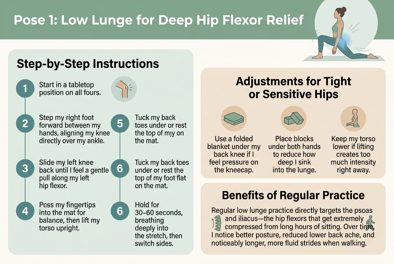 Create a clean professional infographic illustration in a full-bleed 3:2 landscape layout, with a soft calming wellness palette of sage green, teal, warm beige, and white, using modern sans-serif typography with a bold title and clear visual hierarchy.

Top header across the full width:
"Pose 1: Low Lunge for Deep Hip Flexor Relief"
Add a subtle yoga pose illustration on the right side of the header: a person in a low lunge, torso upright, front knee over ankle, back knee on the mat, with gentle motion lines and a soft blue highlight around the hip flexor area.

Main body split into three wide horizontal sections or two-column blocks, not a vertical poster.

Left large section titled:
"Step-by-Step Instructions"
Use six numbered circles with small yoga/pose icons beside each point and a simple flow from 1 to 6:
1. "Start in a tabletop position on all fours."
2. "Step my right foot forward between my hands, aligning my knee directly over my ankle."
3. "Slide my left knee back until I feel a gentle pull along my left hip flexor."
4. "Press my fingertips into the mat for balance, then lift my torso upright."
5. "Tuck my back toes under or rest the top of my foot flat on the mat."
6. "Hold for 30–60 seconds, breathing deeply into the stretch, then switch sides."

Right upper section titled:
"Adjustments for Tight or Sensitive Hips"
Use three small icon callouts with a folded blanket, yoga blocks, and a lowered torso:
- "Use a folded blanket under my back knee if I feel pressure on the kneecap."
- "Place blocks under both hands to reduce how deep I sink into the lunge."
- "Keep my torso lower if lifting upright creates too much intensity right away."

Bottom wide section titled:
"Benefits of Regular Practice"
Show three benefit icons in a row: posture, lower back, walking stride. Include this text:
"Regular low lunge practice directly targets the psoas and iliacus—the hip flexors that get extremely compressed from long hours of sitting. Over time, I notice better posture, reduced lower back ache, and noticeably longer, more fluid strides when walking."

Use clean divider lines, soft rounded boxes for each section, and balanced spacing. Include small minimalist symbols: numbered badges, knee icon, block icon, blanket icon, spine icon, and walking stride icon. Keep all text crisp, legible, and exactly as written.