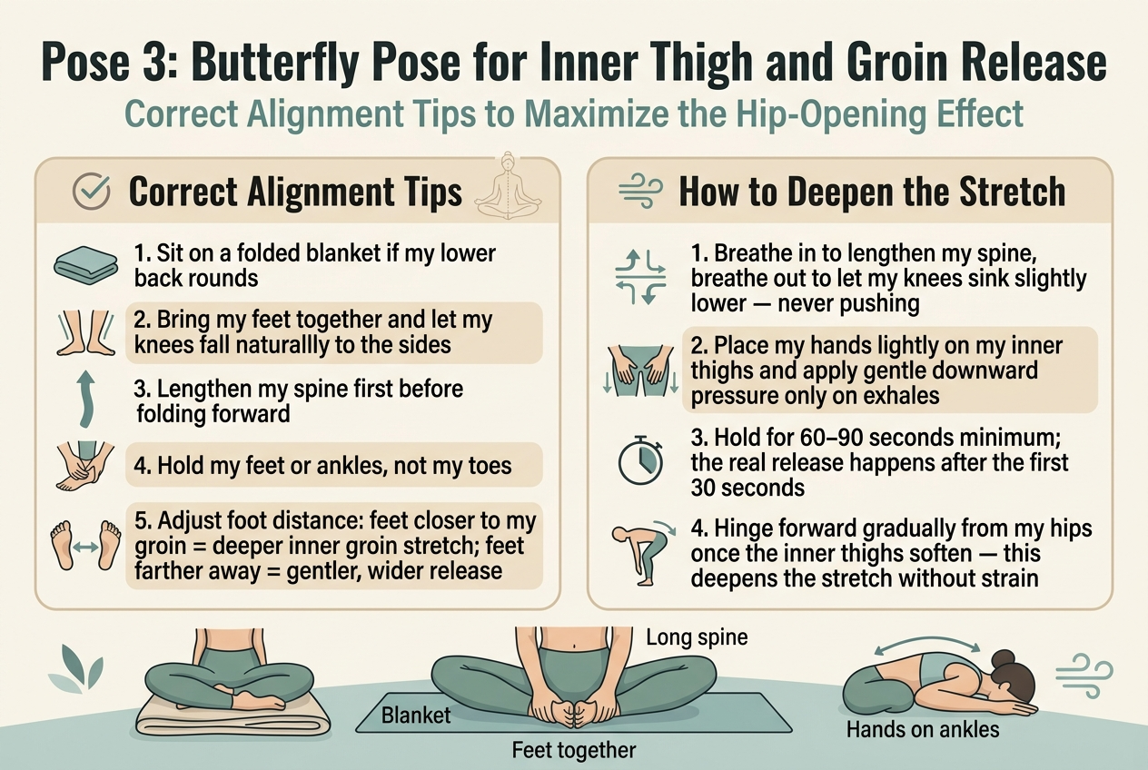 Create a full-bleed 3:2 landscape infographic in a clean modern wellness style, with a soft cream background, muted teal and sage green accents, warm beige highlight panels, and dark charcoal sans-serif typography. Use a wide horizontal layout with strong visual hierarchy, no poster frame, no inset margins, and no narrow vertical stack.

Top header across the full width:
Bold title in large dark charcoal text: "Pose 3: Butterfly Pose for Inner Thigh and Groin Release"
Subtitle in smaller muted teal text: "Correct Alignment Tips to Maximize the Hip-Opening Effect"

Main layout: two wide sections side by side across the center, each in a rounded rectangle panel with subtle line-art yoga illustrations and clear icons.

LEFT PANEL title with a small checkmark icon:
"Correct Alignment Tips"
Use 5 numbered points with small icons beside each point:
1. "Sit on a folded blanket if my lower back rounds" — icon of a folded blanket under seated hips
2. "Bring my feet together and let my knees fall naturally to the sides" — icon of feet touching with knees open
3. "Lengthen my spine first before folding forward" — icon of an upright spine arrow
4. "Hold my feet or ankles, not my toes" — icon of hands holding ankles
5. "Adjust foot distance: feet closer to my groin = deeper inner groin stretch; feet farther away = gentler, wider release" — icon showing two foot-position options with arrows

RIGHT PANEL title with a small breath icon:
"How to Deepen the Stretch"
Use 4 numbered points with calm breathing and pressure icons:
1. "Breathe in to lengthen my spine, breathe out to let my knees sink slightly lower — never pushing" — icon of inhale/exhale arrows
2. "Place my hands lightly on my inner thighs and apply gentle downward pressure only on exhales" — icon of hands on inner thighs with subtle downward arrows
3. "Hold for 60–90 seconds minimum; the real release happens after the first 30 seconds" — icon of a clock or timer
4. "Hinge forward gradually from my hips once the inner thighs soften — this deepens the stretch without strain" — icon of a hip hinge arrow and forward fold silhouette

Bottom strip spanning the full width with a calming visual:
Include a wide horizontal illustration of Butterfly Pose seated on a folded blanket, feet together, knees open, spine long, with subtle labels near the body: "Blanket", "Feet together", "Long spine", "Hands on ankles". Add small decorative leaf or breath-wave accents, keeping the design uncluttered.

Typography: bold condensed heading, clean readable body text, strong contrast, balanced spacing, professional fitness/yoga infographic style, crisp vector illustration, soft shadows, minimal but polished.