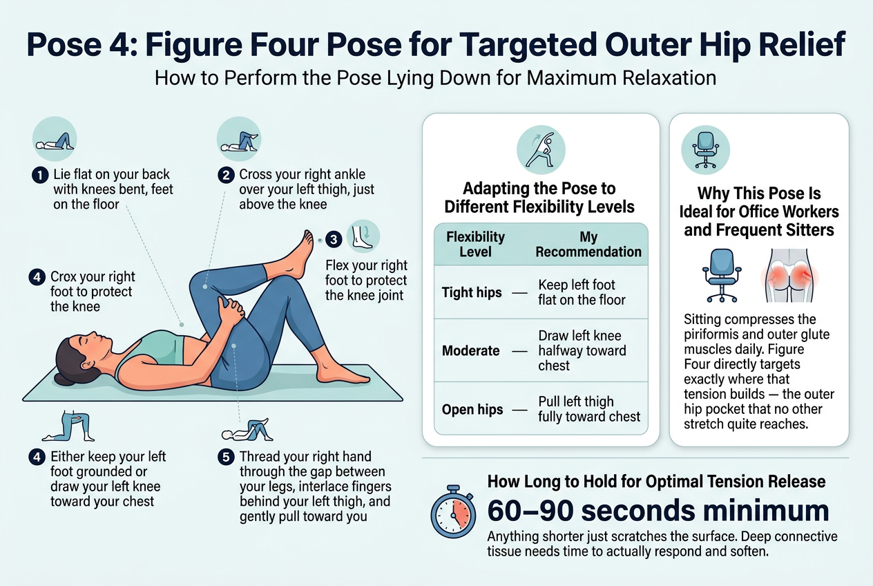 Create a clean, professional full-bleed infographic illustration in a 3:2 aspect ratio about yoga stretching.

Top header across the full width: bold title in dark navy sans-serif text, "Pose 4: Figure Four Pose for Targeted Outer Hip Relief". Add a small subtitle beneath it in lighter text: "How to Perform the Pose Lying Down for Maximum Relaxation".

Main layout: wide horizontal, split into three sections.

Left section: a large illustrated yoga figure lying on a mat, shown in Figure Four Pose. Include 5 numbered step callouts with small icons:
1. "Lie flat on your back with knees bent, feet on the floor"
2. "Cross your right ankle over your left thigh, just above the knee"
3. "Flex your right foot to protect the knee joint"
4. "Either keep your left foot grounded or draw your left knee toward your chest"
5. "Thread your right hand through the gap between your legs, interlace fingers behind your left thigh, and gently pull toward you"

Center section: a flexibility guide in a clean 3-row table with a small stretching icon. Title: "Adapting the Pose to Different Flexibility Levels". Table columns: "Flexibility Level" and "My Recommendation". Rows:
"Tight hips" — "Keep left foot flat on the floor"
"Moderate" — "Draw left knee halfway toward chest"
"Open hips" — "Pull left thigh fully toward chest"

Right section: a benefit panel with an office chair icon and a hip/glute highlight diagram. Heading: "Why This Pose Is Ideal for Office Workers and Frequent Sitters". Body text: "Sitting compresses the piriformis and outer glute muscles daily. Figure Four directly targets exactly where that tension builds — the outer hip pocket that no other stretch quite reaches."

Bottom band across the full width: a timer icon and bold hold-time statement. Heading: "How Long to Hold for Optimal Tension Release". Emphasize the number in large bold text: "60–90 seconds minimum". Add smaller text beneath: "Anything shorter just scratches the surface. Deep connective tissue needs time to actually respond and soften."

Design style: modern wellness infographic, clean white background, soft teal, blue, and coral accents, subtle gray lines, clear hierarchy, rounded cards, crisp vector illustrations, readable sans-serif typography, balanced spacing, no vertical poster layout, no inset border frame.