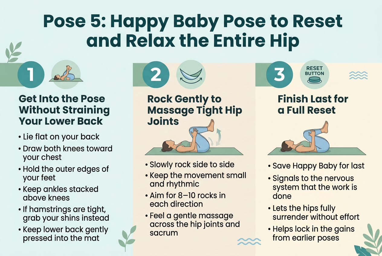 Create a clean, professional yoga infographic in a 3:2 landscape aspect ratio, full-bleed layout, no frame, no inset margins. Use a soft calming palette of teal, sage green, light blue, and warm cream with dark charcoal text. Modern sans-serif fonts with a bold title and clear section headings.

Top across the full width: large bold heading in dark teal text: "Pose 5: Happy Baby Pose to Reset and Relax the Entire Hip"

Center the infographic in three wide horizontal sections or three side-by-side blocks, each with a simple icon and numbered label.

Section 1 on the left:
- Large number "1" in a teal circle
- Small flat icon of a person lying on their back holding their feet
- Heading: "Get Into the Pose Without Straining Your Lower Back"
- Short bullet text:
  • "Lie flat on your back"
  • "Draw both knees toward your chest"
  • "Hold the outer edges of your feet"
  • "Keep ankles stacked above knees"
  • "If hamstrings are tight, grab your shins instead"
  • "Keep lower back gently pressed into the mat"
- Show a simple yoga figure on a mat with knees bent and hands on feet, lower back touching the mat

Section 2 in the center:
- Large number "2" in a teal circle
- Small flat icon of curved arrows or a gentle rocking hammock
- Heading: "Rock Gently to Massage Tight Hip Joints"
- Short bullet text:
  • "Slowly rock side to side"
  • "Keep the movement small and rhythmic"
  • "Aim for 8–10 rocks in each direction"
  • "Feel a gentle massage across the hip joints and sacrum"
- Show a subtle side-to-side motion graphic with soft curved arrows around the hips

Section 3 on the right:
- Large number "3" in a teal circle
- Small flat icon of a calm reset button or relaxed figure
- Heading: "Finish Last for a Full Reset"
- Short bullet text:
  • "Save Happy Baby for last"
  • "Signals to the nervous system that the work is done"
  • "Lets the hips fully surrender without effort"
  • "Helps lock in the gains from earlier poses"
- Add a small badge or button-like graphic with the words: "RESET BUTTON"

Use a balanced, airy layout with clear spacing, simple illustrated yoga figure, soft shadow accents, and small decorative leaf or wave motifs. Keep all text legible, aligned, and neatly organized.