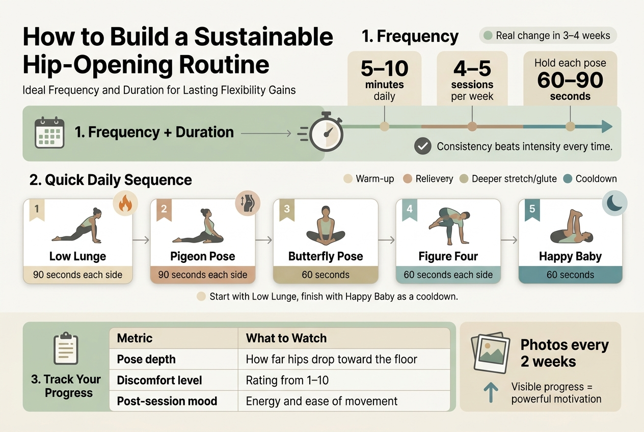 Create a clean, professional full-bleed infographic in a 3:2 aspect ratio with a modern wellness aesthetic, using soft sage green, warm beige, muted teal, and charcoal text on an off-white background. Use a bold sans-serif title at the top left: "How to Build a Sustainable Hip-Opening Routine". Place a small subtitle beneath it in lighter weight: "Ideal Frequency and Duration for Lasting Flexibility Gains".

Arrange the infographic in three wide horizontal sections with clear visual hierarchy and simple flat vector icons.

Top section: a wide left-to-right timeline with a calendar icon, stopwatch icon, and progress line.
Include a bold heading: "1. Frequency + Duration"
Use three highlighted stat blocks across the section:
- "5–10 minutes daily"
- "4–5 sessions per week"
- "Hold each pose 60–90 seconds"
Add a small note in a rounded pill: "Real change in 3–4 weeks"
Use a checkmark icon next to "Consistency beats intensity every time."

Middle section: a two-column sequence grid with numbered pose cards, each card containing a simple illustrated yoga pose silhouette icon and duration text.
Heading: "2. Quick Daily Sequence"
Show five cards in order from left to right, each with a small number badge and colored accent band:
1. Low Lunge — "90 seconds each side"
2. Pigeon Pose — "90 seconds each side"
3. Butterfly Pose — "60 seconds"
4. Figure Four — "60 seconds each side"
5. Happy Baby — "60 seconds"
Add a thin flow arrow between cards. Include a small note under the sequence: "Start with Low Lunge, finish with Happy Baby as a cooldown."
Add a small warm-up flame icon near Low Lunge, a deeper stretch/glute icon near Pigeon Pose, and a cooldown moon icon near Happy Baby.

Bottom section: a wide progress-tracking panel split into two parts.
Left side: a simple table with a clipboard icon and the heading "3. Track Your Progress"
Table columns exactly labeled:
"Metric" and "What to Watch"
Rows:
"Pose depth" — "How far hips drop toward the floor"
"Discomfort level" — "Rating from 1–10"
"Post-session mood" — "Energy and ease of movement"
Right side: a photo-frame icon with the text "Photos every 2 weeks" and a small upward arrow with the caption "Visible progress = powerful motivation"

Use crisp spacing, rounded rectangles, subtle shadows, and clear readable typography. Keep all text left-aligned within sections, with strong section headers and bold numbers. No decorative borders, no vertical poster layout, no centered narrow stack.