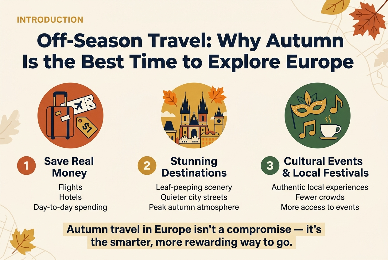 Create a clean, professional full-bleed infographic illustration in a 3:2 aspect ratio with a wide horizontal layout, modern travel editorial style, and crisp typography. Use a soft autumn color palette of deep navy, burnt orange, warm gold, forest green, cream, and light beige. Use a bold sans-serif font for headings and a readable sans-serif font for body text. No border frame. No inset margins. Use clear section dividers, icons, and a balanced multi-column composition.
Top left: small label in uppercase, "INTRODUCTION" in warm gold.
Top center across the width: large bold heading, "Off-Season Travel: Why Autumn Is the Best Time to Explore Europe"
Below the heading, arrange three wide horizontal content blocks across the lower two-thirds of the image, each with a colored icon on the left, a numbered badge, and concise text.
Left block:
A circular icon of a suitcase, airplane ticket, and price tag in burnt orange and navy.
Number badge: "1"
Title: "Save Real Money"
Body text: "Flights"
"Hotels"
"Day-to-day spending"
Center block:
A circular icon of a European city skyline with autumn leaves in gold and orange.
Number badge: "2"
Title: "Stunning Destinations"
Body text: "Leaf-peeping scenery"
"Quieter city streets"
"Peak autumn atmosphere"
Right block:
A circular icon of a festival mask, music note, and café cup in forest green and gold.
Number badge: "3"
Title: "Cultural Events & Local Festivals"
Body text: "Authentic local experiences"
"Fewer crowds"
"More access to events"
Along the bottom, add a bold concluding statement in a highlighted cream banner: "Autumn travel in Europe isn't a compromise — it's the smarter, more rewarding way to go."
Use subtle decorative autumn leaves and faint map-line motifs in the background, keeping the layout clean and legible. Make the hierarchy strong: title largest, section titles medium, body text smaller, all text sharp and readable.
