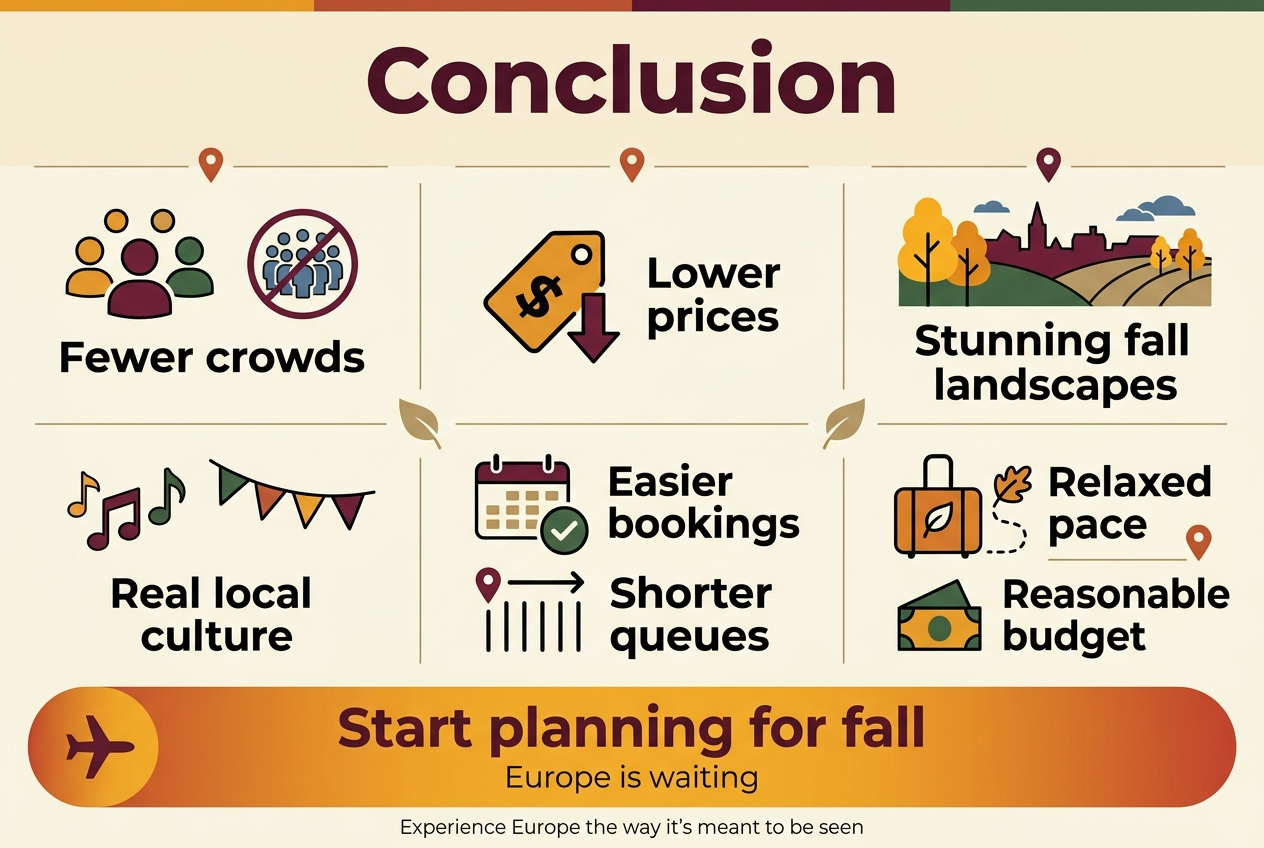 3:2 landscape infographic, full-bleed layout, clean professional travel design, autumn Europe theme, warm golden orange, deep burgundy, forest green, cream, and muted blue color palette, modern sans-serif fonts with bold hierarchy.
Top banner across the full width with a large bold title in dark burgundy: "Conclusion"
Below the title, a wide 2-row, 3-column infographic layout with six evenly spaced content blocks, each with a clear icon and short text. Use thin elegant dividers, subtle leaf motifs, and small map-pin accents.
Block 1 on the upper left: a simple people icon with fewer figures and a crossed-out crowd symbol, text: "Fewer crowds"
Block 2 in the upper center: a price tag icon with a downward arrow, text: "Lower prices"
Block 3 in the upper right: a scenic icon of golden trees, city rooftops, and rolling hills, text: "Stunning fall landscapes"
Block 4 on the lower left: a festival icon with music notes and a small flag garland, text: "Real local culture"
Block 5 in the lower center: a calendar and checkmark icon with a queue line icon, text: "Easier bookings" and "Shorter queues"
Block 6 on the lower right: a relaxed travel icon with a suitcase, leaf, and walking path, text: "Relaxed pace" and "Reasonable budget"
Across the bottom, a wide highlighted callout band with a warm autumn gradient and a small airplane icon on the left, bold text: "Start planning for fall"
Smaller line beneath it: "Europe is waiting"
Add a final small footer line centered at the very bottom in understated text: "Experience Europe the way it’s meant to be seen"
Use crisp spacing, balanced alignment, no empty vertical poster feel, no inset frame, no borders, no watermark.
