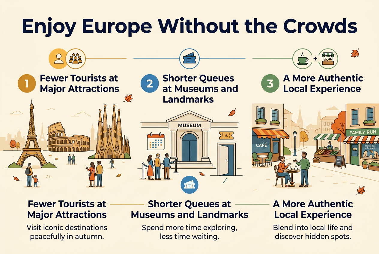 Create a clean, modern infographic illustration in a 3:2 aspect ratio with a full-bleed wide layout and no frame. Use a bright, professional travel aesthetic with deep navy headlines, warm autumn orange and gold accents, light cream background, and subtle European city details. Use a bold sans-serif title at the top reading "Enjoy Europe Without the Crowds".
Arrange the content in three wide horizontal sections across the middle and lower area, with clear numbered circles and simple icons for each section:
1. Left section: a golden/orange circle with a small people/crowd icon and the heading "Fewer Tourists at Major Attractions". Show illustrated landmarks like the Eiffel Tower, the Colosseum, and Sagrada Família with only a few visitors around them, surrounded by open space and calm atmosphere. Add short body text beneath: "Visit iconic destinations peacefully in autumn."
2. Center section: a blue circle with a queue/ticket icon and the heading "Shorter Queues at Museums and Landmarks". Show a museum entrance with a very short line, a walk-in doorway, and small ticket or calendar symbols. Add short body text beneath: "Spend more time exploring, less time waiting."
3. Right section: a green circle with a café and local market icon and the heading "A More Authentic Local Experience". Show a cozy neighborhood street with café tables, a friendly conversation, a local market stall, and family-run restaurant storefronts. Add short body text beneath: "Blend into local life and discover hidden spots."
Use thin connecting lines or subtle separators between the three sections, and include small autumn leaf accents throughout. Keep the layout balanced and wide, with strong visual hierarchy, clean typography, and easy-to-read labels. Include only the text shown above.