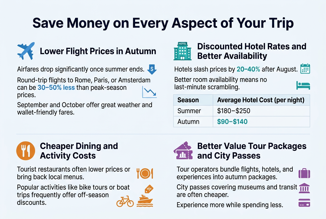 Create a full-bleed 3:2 horizontal infographic with a clean modern travel theme, white background with subtle light-blue and warm autumn-orange accents, dark navy headings, and crisp sans-serif typography. Place a bold title across the top center: "Save Money on Every Aspect of Your Trip". Use a wide, balanced multi-section layout with four horizontal content blocks across the page, each with a clear icon and a short heading.
Section 1 on the upper left: a blue airplane icon beside the heading "Lower Flight Prices in Autumn". Under it, include the text: "Airfares drop significantly once summer ends." "Round-trip flights to Rome, Paris, or Amsterdam can be 30–50% less than peak-season prices." "September and October offer great weather and wallet-friendly fares." Add a small downward price arrow graphic and a tiny line chart trending down.
Section 2 on the upper right: a teal hotel building icon beside the heading "Discounted Hotel Rates and Better Availability". Under it, include the text: "Hotels slash prices by 20–40% after August." "Better room availability means no last-minute scrambling." Add a clean price comparison table beneath with two rows and one header, using subtle grid lines:
"Season | Average Hotel Cost (per night)"
"Summer | $180–$250"
"Autumn | $90–$140"
Include a small calendar and bed icon.
Section 3 across the lower left: an orange fork-and-knife icon beside the heading "Cheaper Dining and Activity Costs". Under it, include the text: "Tourist restaurants often lower prices or bring back local menus." "Popular activities like bike tours or boat trips frequently offer off-season discounts." Add small icons of a plate, bike, and boat, with a modest discount tag.
Section 4 across the lower right: a purple ticket and city-pass icon beside the heading "Better Value Tour Packages and City Passes". Under it, include the text: "Tour operators bundle flights, hotels, and experiences into autumn packages." "City passes covering museums and transit are often cheaper." "Experience more while spending less." Add small icons for suitcase, museum building, and transit card.
Use strong visual hierarchy with bold section headings, smaller body text, and highlighted numerals and percentages in accent colors. Keep the layout airy and professional, with clear separation between blocks, simple flat vector illustrations, and no frame border.