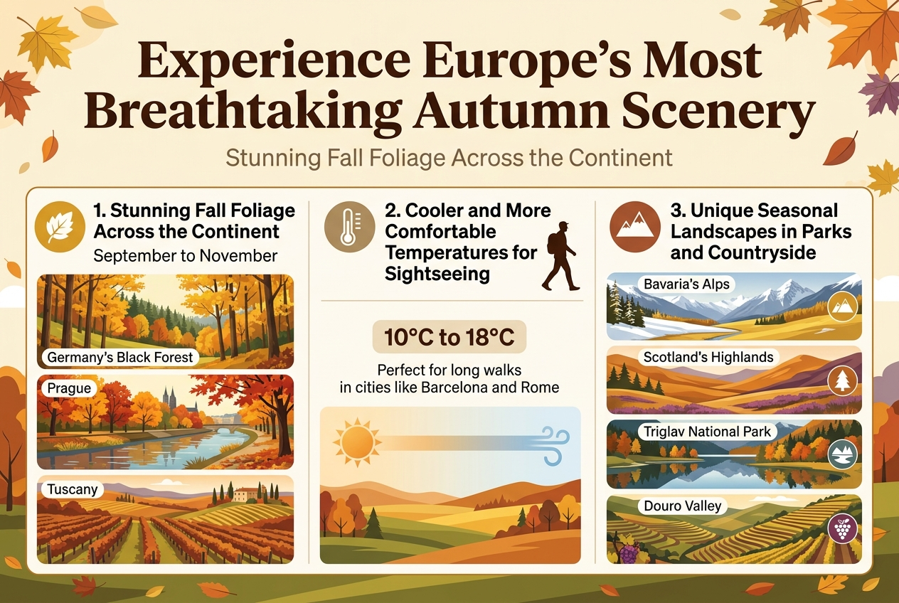 Create a full-bleed 3:2 landscape infographic illustration with a clean, modern editorial travel style, crisp vector graphics, and rich autumn colors (gold, amber, russet, deep green, warm orange, muted purple). Use a wide horizontal layout with three main sections across the canvas, not a vertical poster.
Top header spanning full width: bold large title in elegant sans-serif font, dark brown text on a soft cream background with subtle autumn leaf accents:
"Experience Europe's Most Breathtaking Autumn Scenery"
Directly under the title, a smaller subtitle in warm gray:
"Stunning Fall Foliage Across the Continent"
Main content organized into 3 wide horizontal blocks or panels, each with a numbered circle icon and a simple illustrative symbol:
1) Left panel with a golden leaf icon and a scenic collage of autumn forests, riverbanks, and vineyards:
Heading: "1. Stunning Fall Foliage Across the Continent"
Body text: "September to November"
Add three small labeled visual scenes inside this panel:
- "Germany’s Black Forest" with golden beech trees
- "Prague" with fiery maple canopies along a riverbank
- "Tuscany" with russet vineyards on rolling hills
2) Center panel with a thermometer icon and a walking traveler silhouette:
Heading: "2. Cooler and More Comfortable Temperatures for Sightseeing"
Body text in a highlighted badge: "10°C to 18°C"
Add smaller supporting line beneath:
"Perfect for long walks in cities like Barcelona and Rome"
Use a subtle sun-to-cool-air transition graphic, with warm summer tones fading into comfortable autumn tones.
3) Right panel with a mountain icon and a countryside landscape strip:
Heading: "3. Unique Seasonal Landscapes in Parks and Countryside"
Create four small stacked mini-scenes with labels and matching icons:
- "Bavaria’s Alps" with early snow on peaks and golden valley floors
- "Scotland’s Highlands" with amber hills and heather purple tones
- "Triglav National Park" with reflective lakes and fall colors
- "Douro Valley" with terraced vineyards in harvest season
Include small decorative icons next to each label: mountain, pine tree, lake reflection, grape cluster.
Use clear hierarchy: bold headings, medium body text, and highlighted numeric temperature badge. Add subtle dividing lines between the three panels. Keep text exact and legible. Use professional infographic typography, clean spacing, and balanced composition across the wide canvas. No borders or poster frame; edges should blend softly into the full-bleed background with scattered autumn leaves.