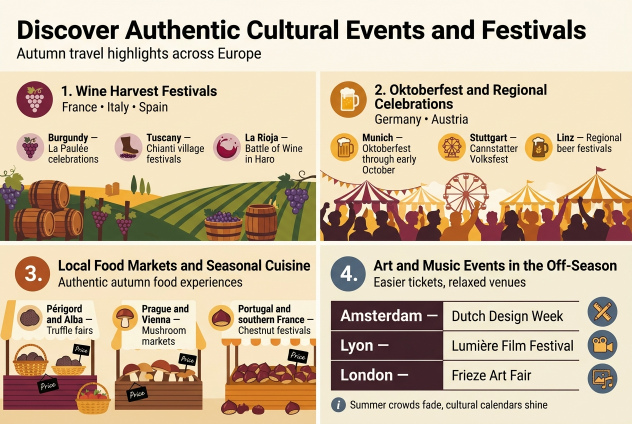 Create a clean, modern infographic illustration in a full-bleed 3:2 landscape layout with a warm autumn travel palette of burgundy, gold, amber, deep green, cream, and slate blue. Use crisp sans-serif typography with a bold headline at the top left and clear section hierarchy. Add subtle European travel and seasonal motifs: grapes, beer mugs, market baskets, film reel, art frame, and music note icons. No frame border, no inset poster look, no vertical centered stack.
Top banner across the full width:
Bold title text: "Discover Authentic Cultural Events and Festivals"
Small subtitle beneath: "Autumn travel highlights across Europe"
Below the title, organize the content into four wide horizontal sections or cards, arranged in a 2x2 grid with generous spacing, each with a colored icon circle and a short heading.
Top-left section:
Heading: "1. Wine Harvest Festivals"
Subheading line: "France • Italy • Spain"
Include three mini callouts with small icons:
- Grape cluster icon next to "Burgundy — La Paulée celebrations"
- Grape-stomping boot icon next to "Tuscany — Chianti village festivals"
- Wine splash icon next to "La Rioja — Battle of Wine in Haro"
Show vineyards, barrels, and grape harvest imagery.
Top-right section:
Heading: "2. Oktoberfest and Regional Celebrations"
Subheading line: "Germany • Austria"
Include two callouts:
- Beer stein icon next to "Munich — Oktoberfest through early October"
- Ferris wheel or festival tent icon next to "Stuttgart — Cannstatter Volksfest"
- Folk beer mug icon next to "Linz — Regional beer festivals"
Use festive beer hall visuals with tents and cheerful crowd silhouettes.
Bottom-left section:
Heading: "3. Local Food Markets and Seasonal Cuisine"
Subheading line: "Authentic autumn food experiences"
Use three market-style callouts with basket and produce icons:
- Truffle icon next to "Périgord and Alba — Truffle fairs"
- Mushroom icon next to "Prague and Vienna — Mushroom markets"
- Chestnut icon next to "Portugal and southern France — Chestnut festivals"
Add illustrated market stalls with baskets, mushrooms, chestnuts, and handwritten price tags style accents.
Bottom-right section:
Heading: "4. Art and Music Events in the Off-Season"
Subheading line: "Easier tickets, relaxed venues"
Create a neat three-row table-style block with city names in bold on the left and event names on the right, each row separated by thin lines:
- "Amsterdam — Dutch Design Week"
- "Lyon — Lumière Film Festival"
- "London — Frieze Art Fair"
Add icons beside each row: design tools, film reel/light beam, and art frame/music note.
Include a small side note at the bottom of this section: "Summer crowds fade, cultural calendars shine"
Use strong visual hierarchy: title largest, section headings medium-bold, body text smaller but highly readable. Keep the layout balanced, colorful, and informative with icons aligned to each key point.