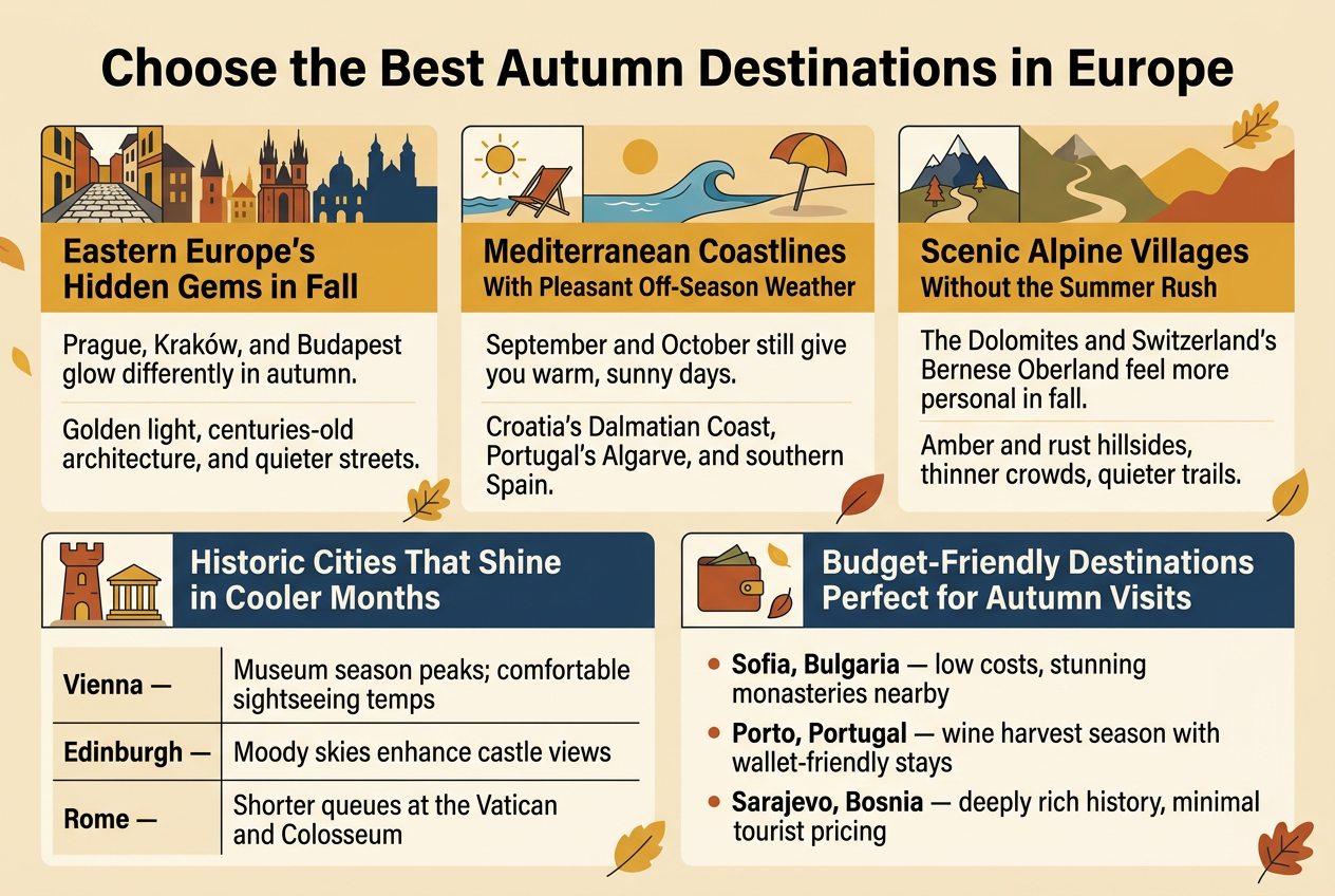 Create a full-bleed 3:2 infographic illustration in a clean modern editorial style with a warm autumn color palette of gold, amber, rust, deep blue, and muted cream. Use a bold sans-serif headline at the top center reading "Choose the Best Autumn Destinations in Europe". Below the title, arrange the content in a wide multi-column layout with five clearly separated sections, each with a small icon and a colored header bar.
Top section, left to right across the width:
1) A section titled "Eastern Europe's Hidden Gems in Fall" with an icon of a cobblestone street and historic building silhouettes. Include the text: "Prague, Kraków, and Budapest glow differently in autumn." and "Golden light, centuries-old architecture, and quieter streets."
2) A section titled "Mediterranean Coastlines With Pleasant Off-Season Weather" with an icon of a sun, sea wave, and beach chair. Include the text: "September and October still give you warm, sunny days." and "Croatia's Dalmatian Coast, Portugal's Algarve, and southern Spain."
3) A section titled "Scenic Alpine Villages Without the Summer Rush" with an icon of a mountain peak and hiking trail. Include the text: "The Dolomites and Switzerland's Bernese Oberland feel more personal in fall." and "Amber and rust hillsides, thinner crowds, quieter trails."
Bottom section across the width, split into two wide blocks:
4) A block titled "Historic Cities That Shine in Cooler Months" with an icon of a castle tower and museum building. Include a simple three-row table with the exact labels: "Vienna — Museum season peaks; comfortable sightseeing temps", "Edinburgh — Moody skies enhance castle views", "Rome — Shorter queues at the Vatican and Colosseum".
5) A block titled "Budget-Friendly Destinations Perfect for Autumn Visits" with an icon of a wallet and falling leaf. Include three bullet points with the exact text: "Sofia, Bulgaria — low costs, stunning monasteries nearby", "Porto, Portugal — wine harvest season with wallet-friendly stays", "Sarajevo, Bosnia — deeply rich history, minimal tourist pricing".
Use crisp white or pale cream text panels, strong section dividers, and clear visual hierarchy with large headings, medium subheadings, and smaller body text. Add subtle illustrated autumn leaves around the layout, but keep the design uncluttered and professional. Use left-aligned text within each block, with wide spacing and balanced composition across the full canvas.