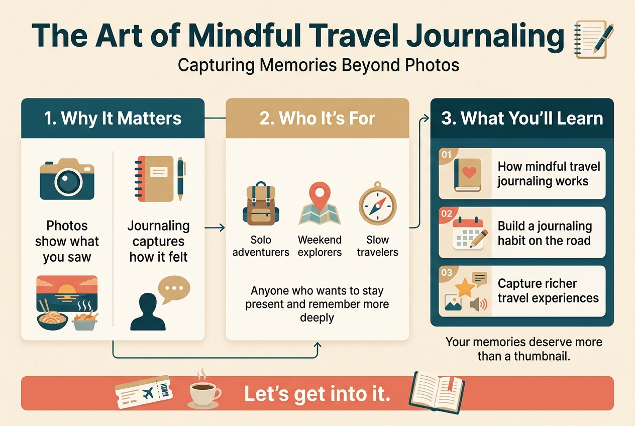 Create a clean, modern infographic illustration in a 3:2 aspect ratio, full-bleed layout with no border frame. Use a warm travel-inspired palette of deep teal, sand, coral, and off-white, with subtle paper texture and soft flat vector icons. Use bold sans-serif typography for headings and smaller readable sans-serif text for body.
Top header across the full width:
Large bold title text: "The Art of Mindful Travel Journaling"
Smaller subtitle text beneath: "Capturing Memories Beyond Photos"
Add a small notebook and pen icon beside the title.
Main layout: wide horizontal infographic with three large content blocks arranged left to right across the middle, connected by thin lines or arrows.
Left block:
Header text: "1. Why It Matters"
Include a camera icon and a notebook icon side by side.
Body text in short lines:
"Photos show what you saw"
"Journaling captures how it felt"
Include small visual details: a sunset, street food steam, and a speech bubble over a traveler silhouette.
Center block:
Header text: "2. Who It's For"
Include three small icons with labels:
"Solo adventurers" with a backpack icon
"Weekend explorers" with a map pin icon
"Slow travelers" with a compass icon
Add a smaller line below:
"Anyone who wants to stay present and remember more deeply"
Right block:
Header text: "3. What Youβll Learn"
Use three numbered mini-cards stacked vertically within the right section, each with a distinct icon:
"01 How mindful travel journaling works" with a journal and heart icon
"02 Build a journaling habit on the road" with a calendar and pencil icon
"03 Capture richer travel experiences" with a star, memory note, and sensory icons
Add a final line at the bottom:
"Your memories deserve more than a thumbnail."
Bottom band across the full width:
A highlighted callout strip with a warm coral background and white text:
"Letβs get into it."
Include small decorative icons of a plane ticket, coffee cup, and open journal. Keep spacing clean, balanced, and easy to read.