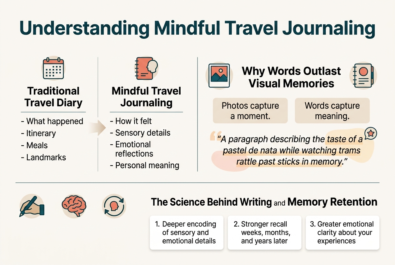 Create a clean, modern infographic illustration in a 3:2 aspect ratio with a full-bleed layout, white background, deep teal and warm coral accents, subtle tan highlights, and a professional sans-serif font. Place a bold title across the top: "Understanding Mindful Travel Journaling". Use a wide, horizontal three-section layout across the center and lower half, with clear visual hierarchy, thin divider lines, and simple flat icons.
Section 1 on the left: a side-by-side comparison block with two columns. Left column header: "Traditional Travel Diary" with a small notebook-and-calendar icon. Under it, include bullet points:
"- What happened"
"- Itinerary"
"- Meals"
"- Landmarks"
Right column header: "Mindful Travel Journaling" with a notebook-and-mind icon. Under it, include bullet points:
"- How it felt"
"- Sensory details"
"- Emotional reflections"
"- Personal meaning"
Add a subtle arrow or shift graphic between the two columns showing the move from surface logging to deeper reflection.
Section 2 in the center: a wide memory block with a photo icon on the left and a journal-page icon on the right. Add the heading: "Why Words Outlast Visual Memories". Include two short text blocks:
"Photos capture a moment."
"Words capture meaning."
Below, add a highlighted quote-style line:
"A paragraph describing the taste of a pastel de nata while watching trams rattle past sticks in memory."
Use soft warm accent shapes behind the text and a small memory-star icon near the quote.
Section 3 across the bottom: a science-and-benefits block with a hand-writing icon, a brain icon, and a memory-retention loop icon arranged left to right. Add the heading: "The Science Behind Writing and Memory Retention". Under it, include three numbered points in three small cards:
"1. Deeper encoding of sensory and emotional details"
"2. Stronger recall weeks, months, and years later"
"3. Greater emotional clarity about your experiences"
Use clean spacing, bold section headers, clear icon labels, and a polished editorial infographic style. Keep all text legible and balanced across the wide layout. Include no extra text.