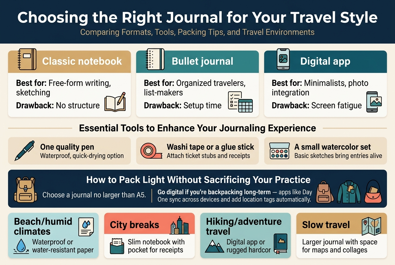 Create a clean, professional infographic illustration in a full-bleed 3:2 landscape layout with no border frame and no inset margins. Use a modern travel-inspired palette of deep navy, teal, warm sand, white, and coral accents, with crisp sans-serif fonts and clear visual hierarchy.
Top header across the full width: bold large title text in dark navy, "Choosing the Right Journal for Your Travel Style". Place a small subtitle beneath it in lighter text: "Comparing Formats, Tools, Packing Tips, and Travel Environments".
Main upper section in three wide side-by-side comparison blocks with simple icons above each block:
1. A classic notebook icon and the heading "Classic notebook"
- Body text: "Best for: Free-form writing, sketching"
- Body text: "Drawback: No structure"
- Add a small pencil and open-page icon.
2. A bullet journal icon with dots and the heading "Bullet journal"
- Body text: "Best for: Organized travelers, list-makers"
- Body text: "Drawback: Setup time"
- Add a small checklist and grid icon.
3. A digital app icon with a phone and the heading "Digital app"
- Body text: "Best for: Minimalists, photo integration"
- Body text: "Drawback: Screen fatigue"
- Add a small smartphone and photo icon.
Center band beneath the comparison blocks: a wide section titled "Essential Tools to Enhance Your Journaling Experience" with three horizontal icon cards:
- A waterproof pen icon with the text "One quality pen" and smaller text "Waterproof, quick-drying option"
- A washi tape roll and glue stick icon with the text "Washi tape or a glue stick" and smaller text "Attach ticket stubs and receipts"
- A small watercolor palette icon with the text "A small watercolor set" and smaller text "Basic sketches bring entries alive"
Lower middle section: a bold tip banner with a small backpack icon and the heading "How to Pack Light Without Sacrificing Your Practice"
- Left side text block: "Choose a journal no larger than A5."
- Right side text block: "Go digital if you're backpacking long-term β apps like Day One sync across devices and add location tags automatically."
- Add small visual cues of a day bag, coat pocket, and small purse with the A5 journal fitting into them.
Bottom section in four evenly spaced travel-environment tiles with colored background accents and matching icons:
- "Beach/humid climates" with a water droplet and waterproof paper icon, plus text "Waterproof or water-resistant paper"
- "City breaks" with a receipt pocket and city skyline icon, plus text "Slim notebook with pocket for receipts"
- "Hiking/adventure travel" with a mountain and rugged hardcover icon, plus text "Digital app or rugged hardcover"
- "Slow travel" with a map and collage icon, plus text "Larger journal with space for maps and collages"
Use clean line icons, organized blocks, strong spacing, and clear alignment. Emphasize the title, section headers, and bold keywords. Keep all text legible and balanced across the wide composition.
