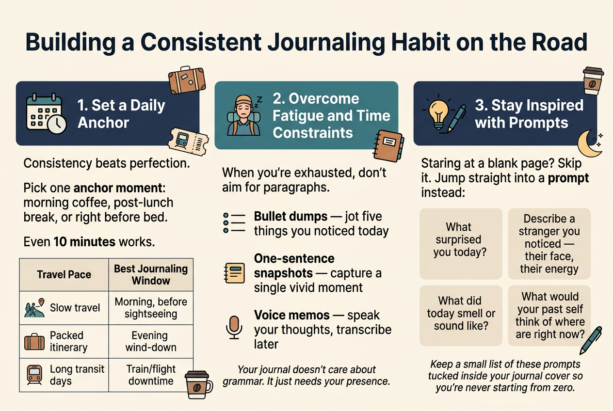 Create a clean, professional full-bleed infographic in a 3:2 aspect ratio with a warm travel-journal aesthetic, using navy, teal, cream, and muted orange accents, modern sans-serif fonts, and clear visual hierarchy. Place a bold title across the top: "Building a Consistent Journaling Habit on the Road".
Use a wide horizontal layout with three main sections beneath the title, each in a distinct colored block with icons and short text, avoiding a narrow centered stack.
LEFT SECTION: "1. Set a Daily Anchor"
Add a calendar/clock icon. Include the text: "Consistency beats perfection." "Pick one anchor moment: morning coffee, post-lunch break, or right before bed." "Even 10 minutes works." Add a small 3-row table with simple travel icons:
"Travel Pace" | "Best Journaling Window"
"Slow travel" | "Morning, before sightseeing"
"Packed itinerary" | "Evening wind-down"
"Long transit days" | "Train/flight downtime"
CENTER SECTION: "2. Overcome Fatigue and Time Constraints"
Add a tired traveler icon and a notebook icon. Include the text: "When you're exhausted, don't aim for paragraphs." Then show three short bullet alternatives with distinct icons:
"Bullet dumps β jot five things you noticed today"
"One-sentence snapshots β capture a single vivid moment"
"Voice memos β speak your thoughts, transcribe later"
Add a smaller line beneath: "Your journal doesn't care about grammar. It just needs your presence."
RIGHT SECTION: "3. Stay Inspired with Prompts"
Add a lightbulb and pen icon. Include the text: "Staring at a blank page? Skip it. Jump straight into a prompt instead:" Then show four prompt cards or bullets:
"What surprised you today?"
"Describe a stranger you noticed β their face, their energy"
"What did today smell or sound like?"
"What would your past self think of where you are right now?"
Add a small note at the bottom: "Keep a small list of these prompts tucked inside your journal cover so you're never starting from zero."
Use simple line icons, clear section dividers, plenty of whitespace, and strong readability. Make the layout balanced across the full width of the canvas with wide columns and supportive travel-themed decorative accents like a suitcase, train ticket, coffee cup, and moon icon.