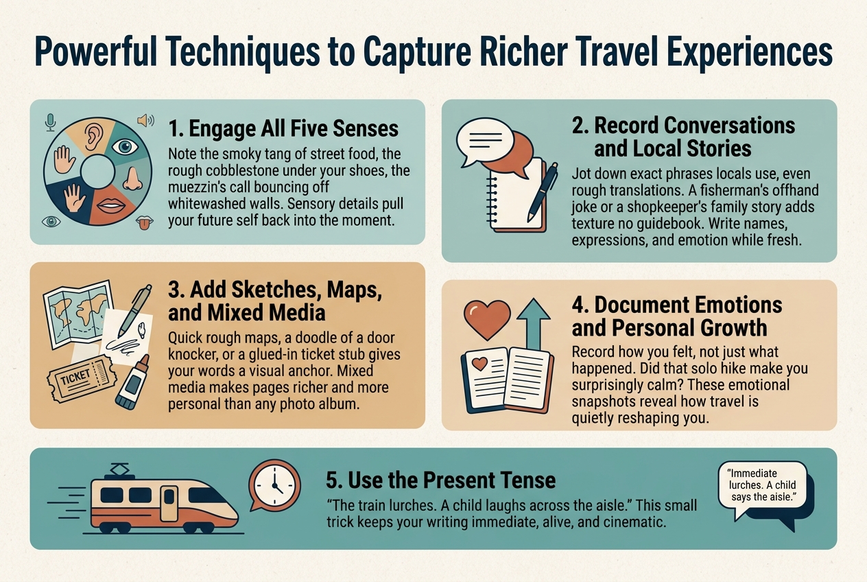 Create a full-bleed 3:2 infographic illustration in a clean modern editorial style, using warm travel tones of teal, terracotta, sandy beige, off-white, and deep navy accents. Use a bold sans-serif headline at the top across the full width: "Powerful Techniques to Capture Richer Travel Experiences". Under the heading, arrange five wide horizontal content blocks in a two-column layout with one final full-width block, avoiding a narrow vertical stack.
Block 1, upper left: a circular icon of an ear, eye, nose, hand, and mouth combined, with small sensory symbols. Title text: "1. Engage All Five Senses". Body text in short lines: "Note the smoky tang of street food, the rough cobblestone under your shoes, the muezzin's call bouncing off whitewashed walls. Sensory details pull your future self back into the moment."
Block 2, upper right: a speech bubble icon beside a notebook and pen. Title text: "2. Record Conversations and Local Stories". Body text: "Jot down exact phrases locals use, even rough translations. A fisherman's offhand joke or a shopkeeper's family story adds texture no guidebook captures. Write names, expressions, and emotion while fresh."
Block 3, middle left: a small hand-drawn map, doodle pen sketch, ticket stub, and glue mark collage icon. Title text: "3. Add Sketches, Maps, and Mixed Media". Body text: "Quick rough maps, a doodle of a door knocker, or a glued-in ticket stub gives your words a visual anchor. Mixed media makes pages richer and more personal than any photo album."
Block 4, middle right: a heart and upward arrow icon, with a small journal page. Title text: "4. Document Emotions and Personal Growth". Body text: "Record how you felt, not just what happened. Did that solo hike make you surprisingly calm? These emotional snapshots reveal how travel is quietly reshaping you."
Block 5, bottom full width: a train icon with motion lines and a clock bubble showing immediate speech-style text. Title text: "5. Use the Present Tense". Body text: "\"The train lurches. A child laughs across the aisle.\" This small trick keeps your writing immediate, alive, and cinematic."
Use clear visual hierarchy, bold numbered labels, subtle divider lines, rounded cards, and small accent icons for each section. Keep all text crisp and readable, with the title largest, section titles medium-bold, and body text smaller. Background should be lightly textured paper with plenty of whitespace and balanced spacing across the wide layout.