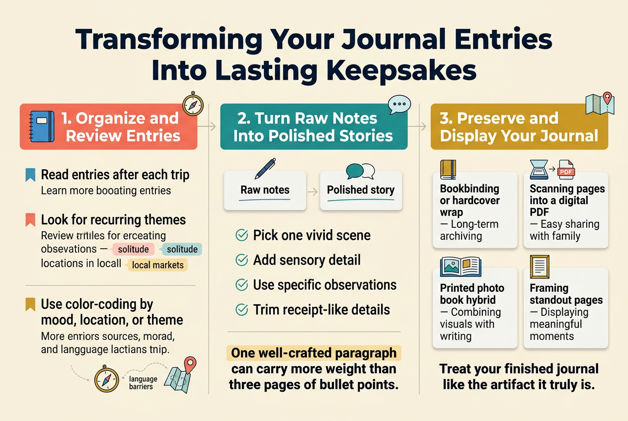Create a full-bleed landscape infographic in a 3:2 aspect ratio with a clean editorial travel-journal style, warm cream background, deep navy text, teal and coral accent colors, subtle paper textures, and modern sans-serif fonts with bold hierarchy.
Top across the full width: large bold title in dark navy, centered: "Transforming Your Journal Entries Into Lasting Keepsakes"
Below the title, arrange three wide horizontal content blocks across the page in a balanced multi-column layout, not a vertical stack.
Left section, top-left to mid-left, titled in bold coral: "1. Organize and Review Entries"
Include a blue notebook icon and small colored highlight markers.
Add short body text in neat readable lines:
"Read entries after each trip"
"Look for recurring themes"
"Use color-coding by mood, location, or theme"
Include small visual callouts with mini labels:
"solitude"
"local markets"
"language barriers"
Center section, top-center to mid-center, titled in bold teal: "2. Turn Raw Notes Into Polished Stories"
Include a pen, speech bubble, and page icon.
Show a simple before-and-after layout with two mini note cards side by side:
Left card header: "Raw notes"
Right card header: "Polished story"
Under the header, include four concise bullet lines with checkmark icons:
"Pick one vivid scene"
"Add sensory detail"
"Use specific observations"
"Trim receipt-like details"
Add a highlighted line near the bottom of this section in bold:
"One well-crafted paragraph can carry more weight than three pages of bullet points."
Right section, top-right to mid-right, titled in bold gold: "3. Preserve and Display Your Journal"
Include icons of a book, scanner/PDF, photo book, and framed page.
Arrange four compact option cards with labels:
"Bookbinding or hardcover wrap β Long-term archiving"
"Scanning pages into a digital PDF β Easy sharing with family"
"Printed photo book hybrid β Combining visuals with writing"
"Framing standout pages β Displaying meaningful moments"
Add a closing statement at the bottom of this section in bold navy:
"Treat your finished journal like the artifact it truly is."
Use clear section dividers, subtle arrows or connectors between the three sections, and small decorative travel symbols such as a compass, map pin, and luggage tag. Keep typography crisp, legible, and professional, with strong visual hierarchy and generous spacing across the wide layout.