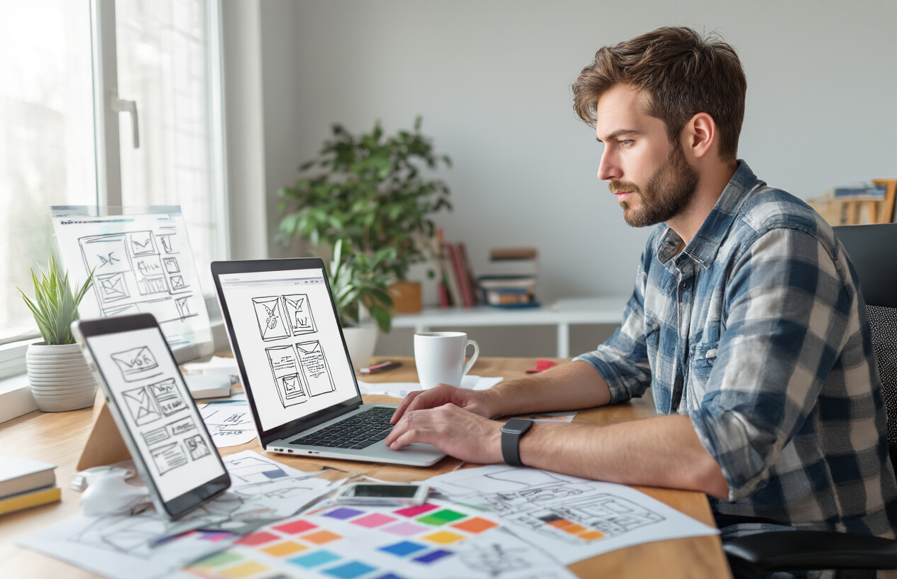 Create a realistic image of a focused white male in his 30s sitting at a modern desk with a laptop computer, surrounded by website building tools including sketched wireframes, color swatches, and a smartphone showing a mobile website layout, with coding books and a coffee cup nearby, in a bright home office with natural lighting from a window, conveying a sense of learning and DIY web development mastery, absolutely NO text should be in the scene.