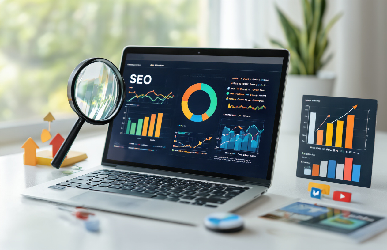 Create a realistic image of a modern laptop computer displaying colorful SEO analytics charts and graphs on its screen, surrounded by SEO-related visual elements like a magnifying glass, upward trending arrows, search result snippets, and small icons representing keywords and web traffic, all arranged on a clean white desk with soft natural lighting from a window, creating a professional and optimistic mood that represents digital marketing success and website visibility improvement, absolutely NO text should be in the scene.