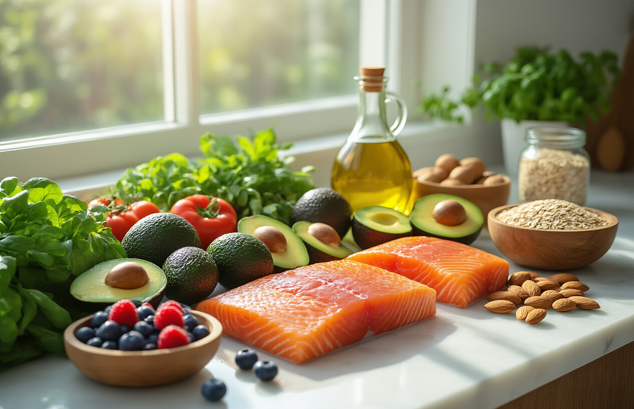 Create a realistic image of a vibrant kitchen counter scene showcasing an abundant display of heart-healthy foods including fresh salmon fillets, ripe avocados, colorful berries, leafy green vegetables, nuts like almonds and walnuts, olive oil in a glass bottle, oats in a wooden bowl, and fresh herbs, all artfully arranged on a clean white marble countertop with natural morning sunlight streaming through a nearby window creating soft shadows and highlighting the fresh textures and rich colors of the nutritious foods, absolutely NO text should be in the scene.