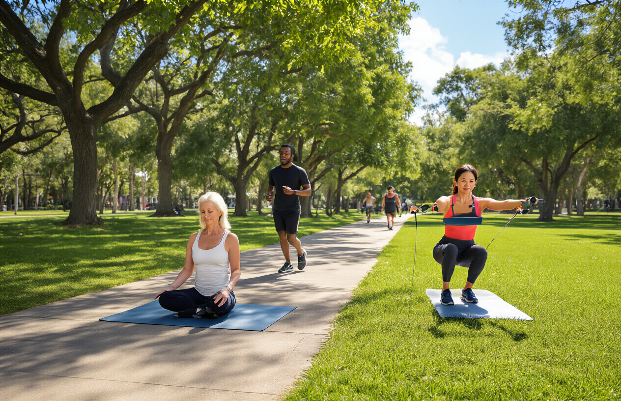 Create a realistic image of a diverse group of people engaged in various physical activities in a modern outdoor fitness setting, featuring a middle-aged white female doing yoga stretches on a mat, a young black male jogging on a tree-lined path, and an Asian female in her 40s using resistance bands for strength training, all positioned in a sunny park environment with green grass, mature trees, and a clear blue sky, conveying an energetic and motivational atmosphere that emphasizes healthy lifestyle transformation through strategic exercise, with natural lighting creating a vibrant and inspiring mood, absolutely NO text should be in the scene.