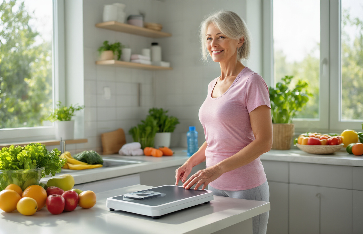 Create a realistic image of a middle-aged white female in comfortable workout clothes standing on a digital scale in a bright, modern bathroom, with fresh fruits and vegetables arranged on a nearby counter, a water bottle, and natural sunlight streaming through a window, creating an uplifting and health-focused atmosphere that emphasizes natural weight management and wellness. Absolutely NO text should be in the scene.