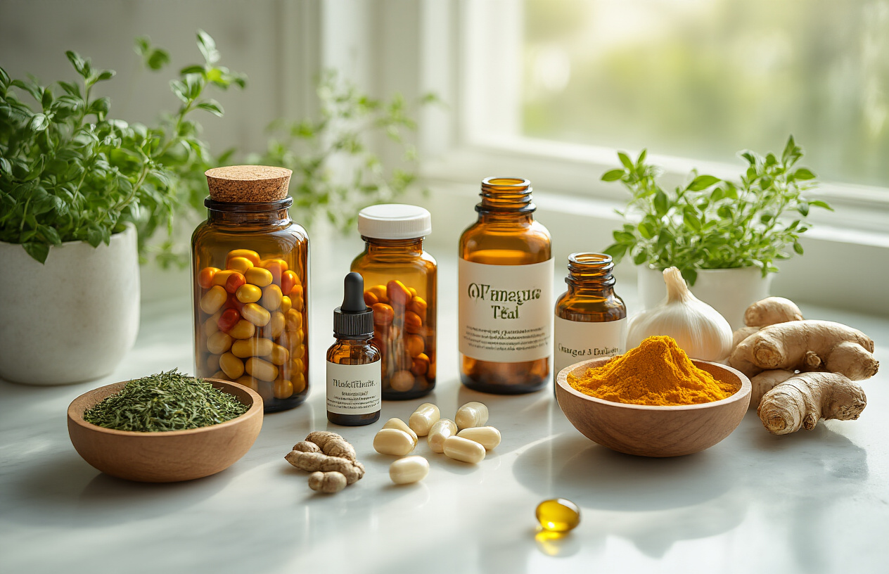 Create a realistic image of various natural supplements and herbal remedies arranged on a clean white marble surface, including glass bottles with colorful capsules, small amber dropper bottles, dried herbs in wooden bowls, fresh garlic cloves, turmeric root, green tea leaves, and omega-3 fish oil supplements, with soft natural lighting from a window creating gentle shadows, surrounded by subtle greenery like small potted herbs, conveying a sense of natural health and wellness, absolutely NO text should be in the scene.