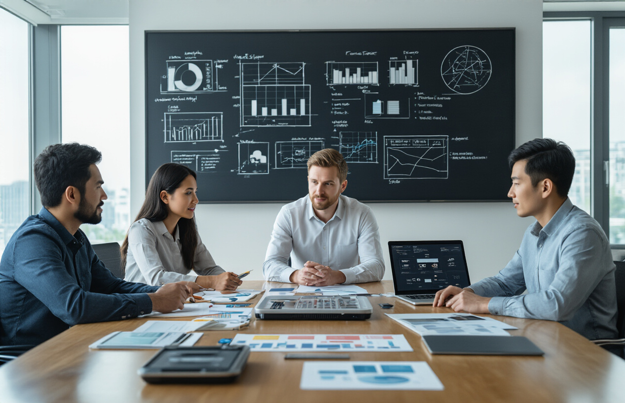 Create a realistic image of a modern office conference room with a diverse team of professionals including a white male project manager, a black female engineer, and an Asian male designer sitting around a sleek table covered with electronic device prototypes, market research charts, user requirement documents, and laptops displaying product specifications, with a large whiteboard in the background showing product feature diagrams and market analysis graphs, bright natural lighting from large windows, professional corporate atmosphere with clean minimalist design, absolutely NO text should be in the scene.