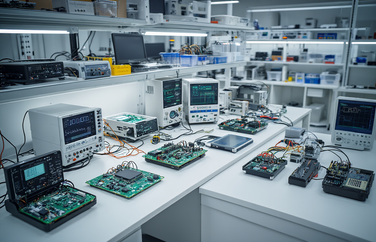 Create a realistic image of a modern electronics laboratory workstation with multiple electronic device prototypes in various stages of development on a clean white desk, including circuit boards, partially assembled gadgets, and testing equipment with oscilloscopes and multimeters, surrounded by validation testing tools like stress testing rigs and measurement instruments, with proper LED lighting creating a professional workspace atmosphere, and components organized in clear containers nearby. Absolutely NO text should be in the scene.