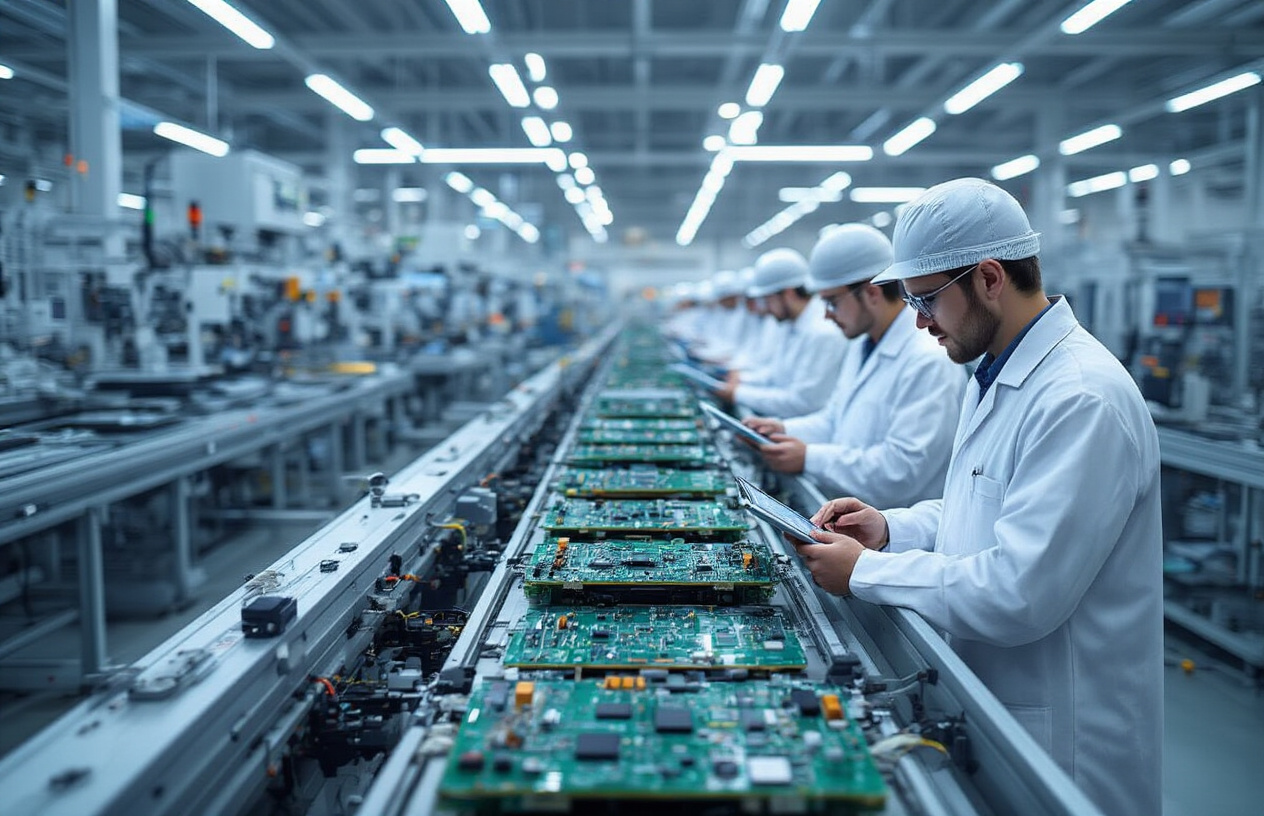 Create a realistic image of a modern electronics manufacturing facility showing an assembly line with circuit boards and electronic components being assembled by automated machinery, with engineers in white coats reviewing blueprints and cost analysis charts on tablets, featuring a clean industrial environment with bright LED lighting, conveyor belts carrying partially assembled electronic devices, and quality control stations with precision measuring equipment, emphasizing efficiency and optimization in the manufacturing process. Absolutely NO text should be in the scene.