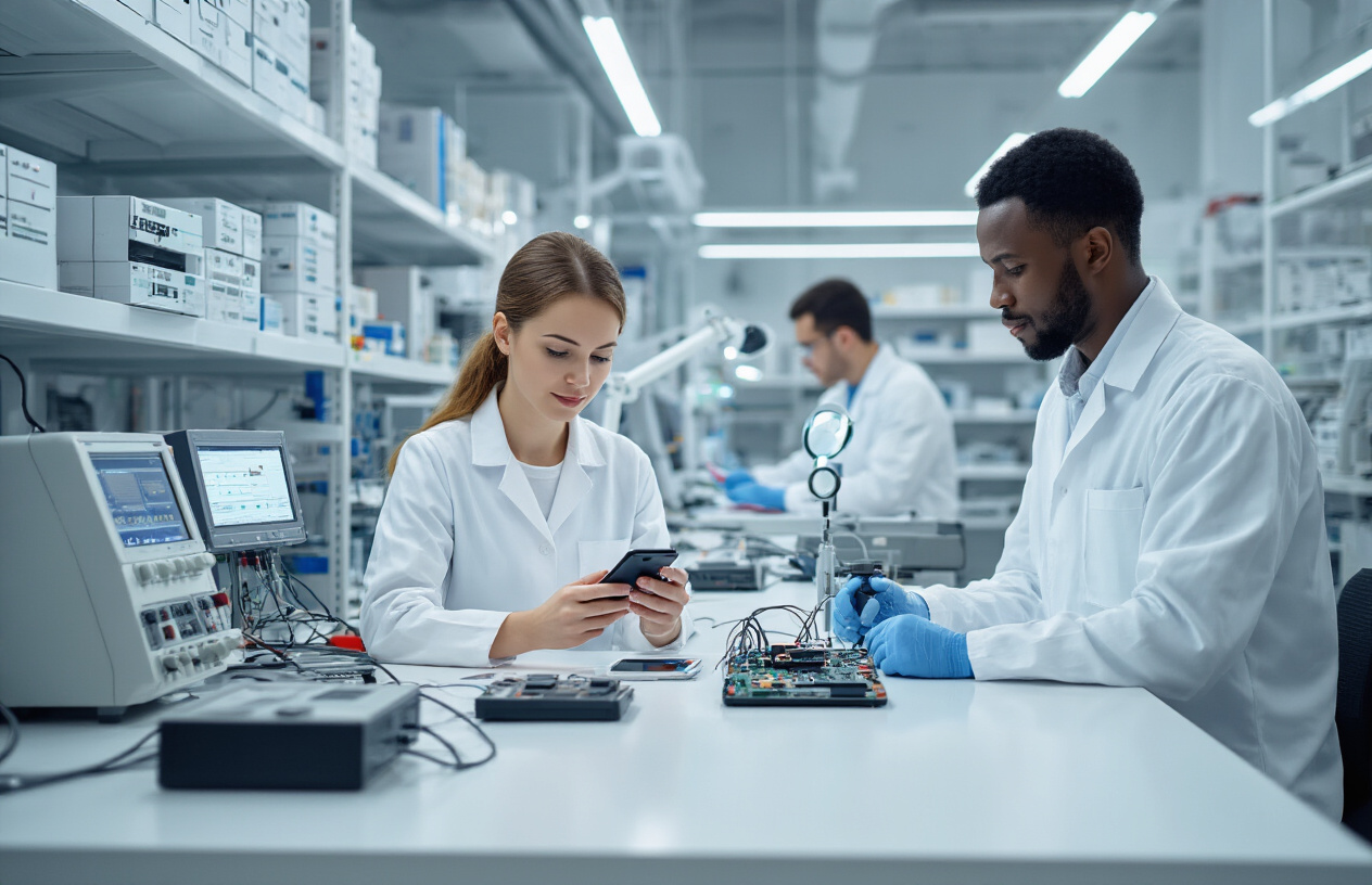 Create a realistic image of a modern electronics testing laboratory with quality assurance equipment including oscilloscopes, multimeters, and circuit testing stations on clean white workbenches, featuring a diverse team of engineers - a white female engineer examining a smartphone prototype under a magnifying lamp while a black male engineer runs diagnostic tests on electronic components using precision instruments, with shelves of packaged electronic products ready for market launch in the background, bright LED lighting illuminating the professional workspace, conveying a mood of precision and technological excellence, absolutely NO text should be in the scene.