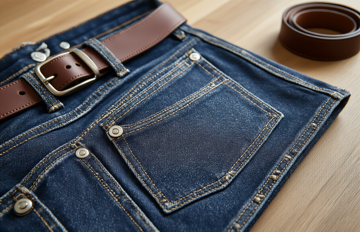 Create a realistic image of a close-up view of high-quality premium denim jeans showcasing exceptional craftsmanship, with detailed stitching, rich indigo fabric texture, and sturdy metal rivets, displayed on a clean wooden surface with soft natural lighting highlighting the superior material quality and construction details, surrounded by subtle leather accessories like a belt, creating a luxurious and timeless atmosphere that emphasizes durability and long-lasting quality, absolutely NO text should be in the scene.