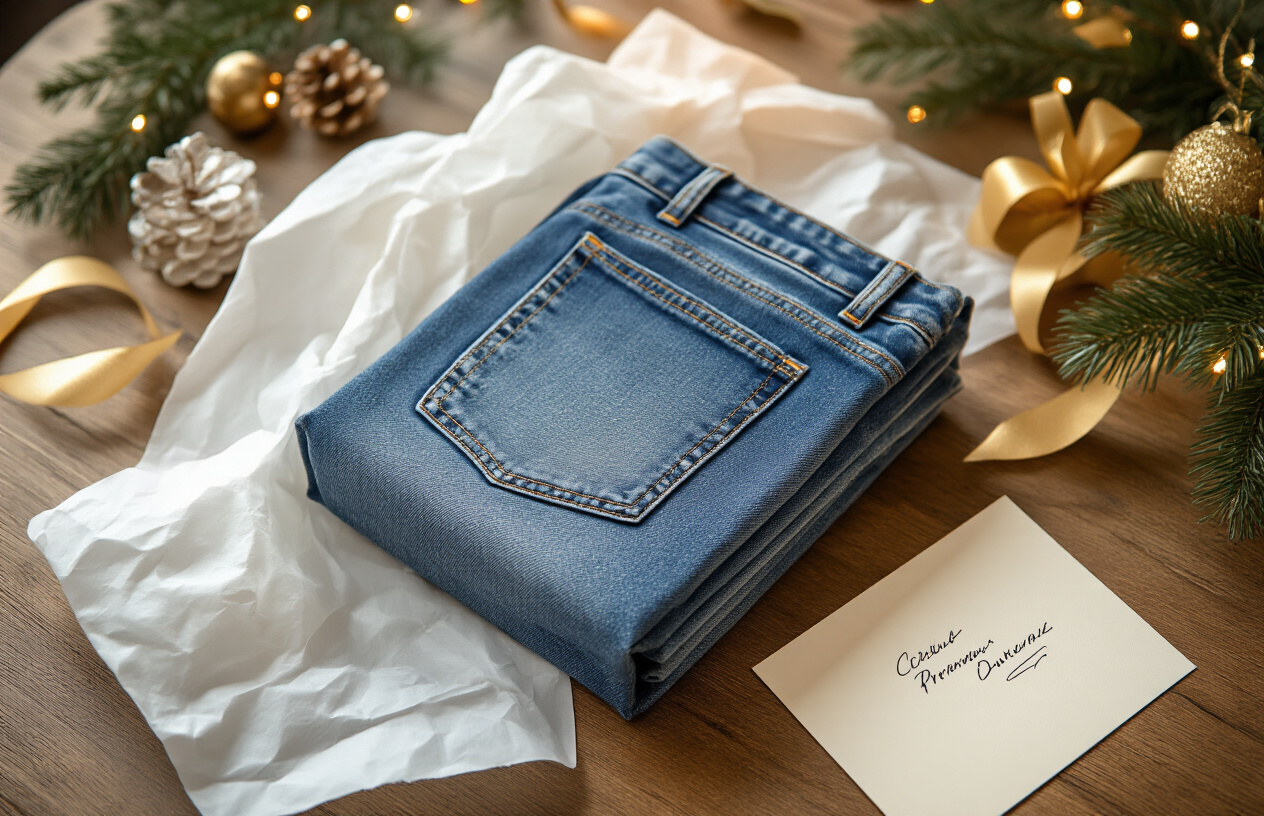 Create a realistic image of an elegantly wrapped premium denim jeans gift box on a sophisticated wooden table, with soft tissue paper partially visible, accompanied by a handwritten note card nearby, warm ambient lighting creating a cozy atmosphere, with subtle Christmas decorations like pine branches and gold ribbon accents in the background, conveying thoughtfulness and attention to personal style preferences, shot from a slightly elevated angle to showcase the careful presentation, absolutely NO text should be in the scene.