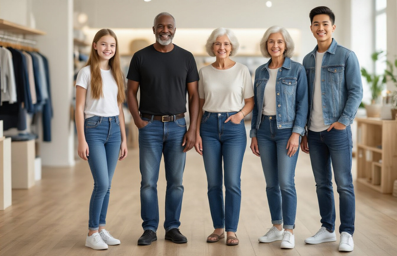 Create a realistic image of a diverse group of people of different ages wearing premium denim jeans, including a young white female teenager, a middle-aged black male, an elderly white female, and a young Asian male, all standing together in a bright, modern retail environment with soft natural lighting, each person showcasing different denim styles that complement their individual personalities, with a clean minimalist background featuring wooden floors and white walls, conveying a warm and inclusive atmosphere that demonstrates how quality denim suits everyone regardless of age or style preference, absolutely NO text should be in the scene.