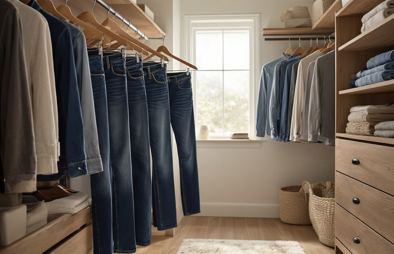 Create a realistic image of a well-organized modern closet with premium dark wash denim jeans hanging neatly on wooden hangers alongside other quality clothing items, with soft natural lighting coming through a nearby window, showcasing the everyday luxury and practicality of high-end denim in a clean, minimalist bedroom setting with warm wood tones and neutral colors. Absolutely NO text should be in the scene.