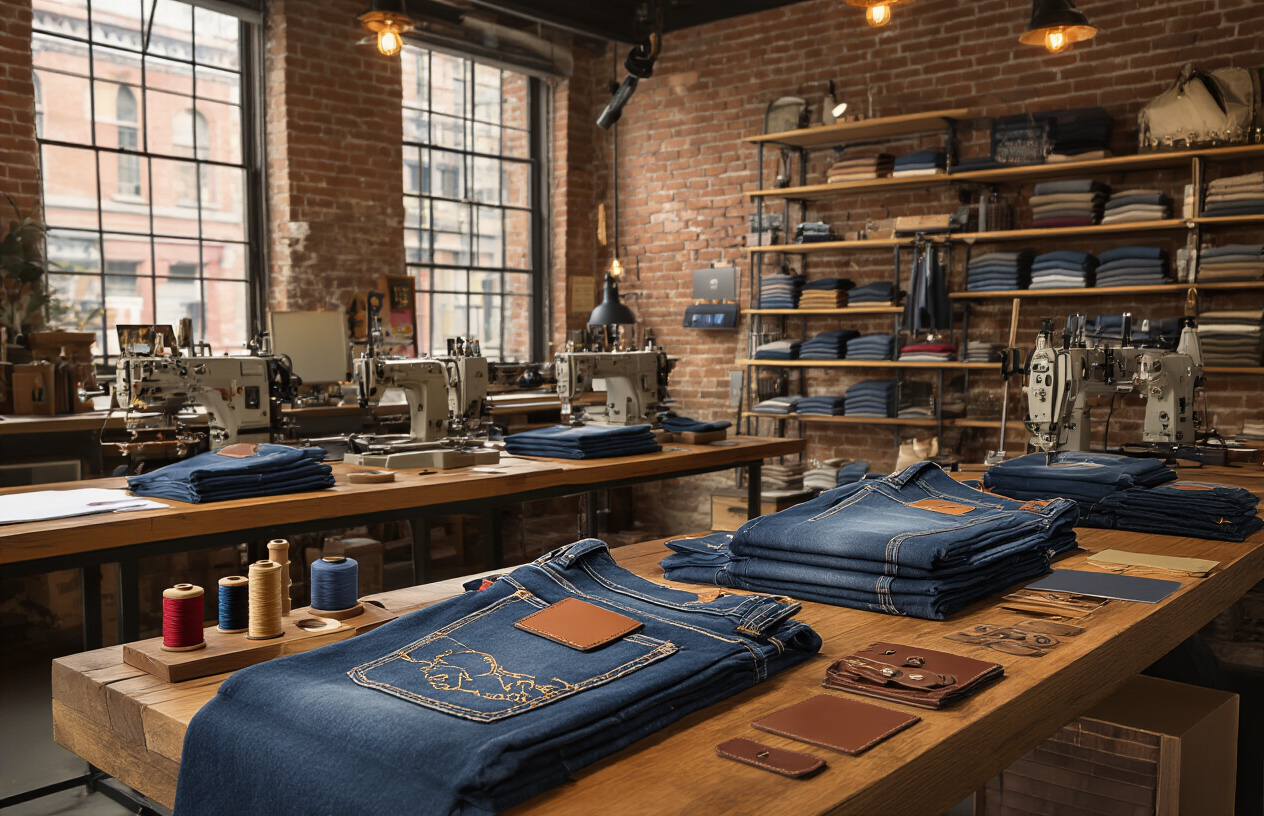 Create a realistic image of a luxury denim customization workshop with premium jeans displayed on wooden tables, featuring embroidery machines, leather patches, custom hardware options like buttons and rivets, measuring tools, and fabric swatches, with warm ambient lighting creating an artisanal atmosphere, showing various customization elements like monogramming stations and thread spools in rich colors, set in an upscale tailor shop environment with exposed brick walls and modern industrial fixtures, absolutely NO text should be in the scene.