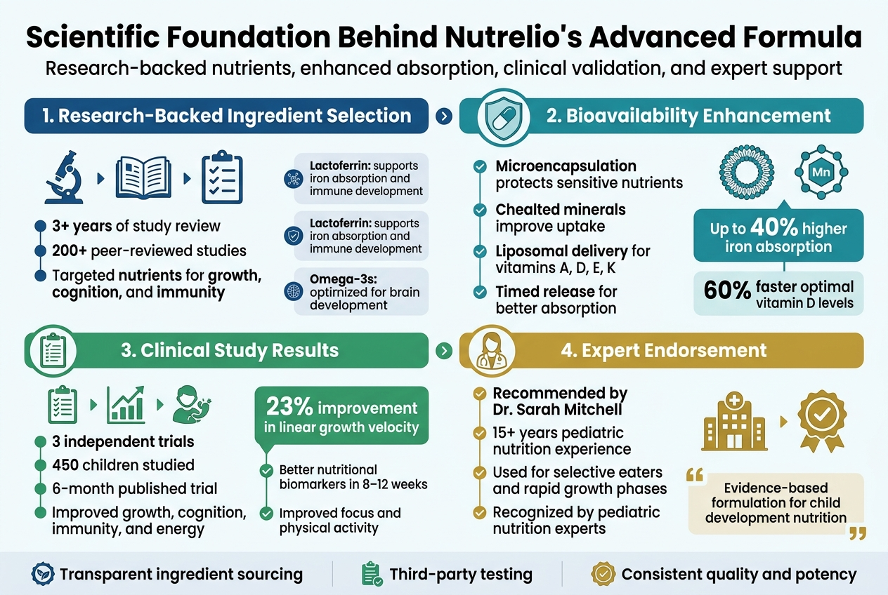Create a clean, modern scientific infographic in a 3:2 aspect ratio, full-bleed layout with no poster frame, using a white background with deep blue, teal, green, and gold accents, crisp sans-serif typography, and bold visual hierarchy.

Top header across full width:
Large bold title text: "Scientific Foundation Behind Nutrelio