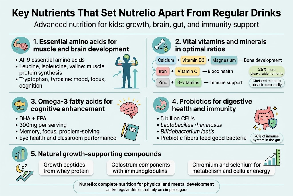 Create a full-bleed landscape infographic in a 3:2 aspect ratio with a clean modern healthcare style, white background with soft teal, blue, green, and yellow accents, bold sans-serif typography, strong visual hierarchy, and wide multi-column layout. Place a large bold heading across the top: “Key Nutrients That Set Nutrelio Apart From Regular Drinks”. Add a smaller subtitle beneath it: “Advanced nutrition for kids: growth, brain, gut, and immunity support”.

Organize the infographic into 5 wide horizontal or grid sections with clear numbered labels and icons:

1) Top-left section with a muscle + brain icon and the heading: “1. Essential amino acids for muscle and brain development”
   Include short bullets:
   • “All 9 essential amino acids”
   • “Leucine, isoleucine, valine: muscle protein synthesis”
   • “Tryptophan, tyrosine: mood, focus, cognition”
   Add a small visual of growing child silhouette with muscles and brain highlighted.

2) Top-right section with a bone + vitamin/mineral icon and the heading: “2. Vital vitamins and minerals in optimal ratios”
   Show three stacked nutrient pairing cards with simple connecting icons:
   • “Calcium + Vitamin D3 + Magnesium — Bone development”
   • “Iron + Vitamin C — Blood health”
   • “Zinc + B-vitamins — Immune support”
   Add a highlighted badge: “25% more bioavailable nutrients”
   Add a small note in a compact pill shape: “Chelated minerals absorb more easily”

3) Middle-left section with an omega-3 fish-free algae icon and the heading: “3. Omega-3 fatty acids for cognitive enhancement”
   Include bullets:
   • “DHA + EPA”
   • “300mg per serving”
   • “Memory, focus, problem-solving”
   • “Eye health and classroom performance”
   Add a brain with spark lines and a school notebook icon.

4) Middle-right section with a probiotic gut icon and the heading: “4. Probiotics for digestive health and immunity”
   Include bullets:
   • “5 billion CFUs”
   • “Lactobacillus rhamnosus”
   • “Bifidobacterium lactis”
   • “Prebiotic fibers feed good bacteria”
   Add a visual of a smiling gut with shield and sparkles, and a small badge: “70% of immune system in the gut”

5) Bottom full-width section with a growth/sleep/moon icon and the heading: “5. Natural growth-supporting compounds”
   Use three compact callout blocks across the width:
   • “Growth peptides from whey protein”
   • “Colostrum components with immunoglobulins”
   • “Chromium and selenium for metabolism and cellular energy”
   Add a sleep icon with upward growth arrows and a child growth chart line.

Add a small comparison strip near the bottom center with the text: “Nutrelio: complete nutrition for physical and mental development” and a smaller line: “Unlike regular drinks that rely on simple sugars”.

Use clean rounded rectangles, subtle shadows, thin divider lines, and colorful icon badges. Keep the layout spacious, professional, and easy to read, with all text crisp and fully visible. No photo background, no frame, no border, no clutter.