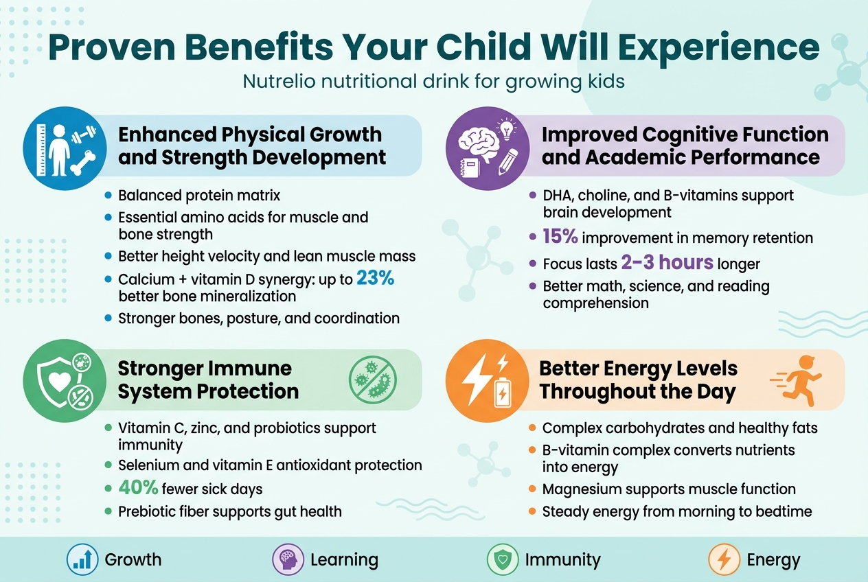 Create a clean, professional full-bleed infographic in a 3:2 aspect ratio with a bright medical-nutrition style palette of teal, blue, white, and soft green, with orange accent highlights. Use modern sans-serif typography, strong hierarchy, and wide horizontal sectioning with no vertical poster frame. 

Top header across the full width: bold title text in large dark teal font: "Proven Benefits Your Child Will Experience" with a small subtitle beneath in lighter font: "Nutrelio nutritional drink for growing kids"

Below the header, arrange 4 equal horizontal benefit panels in a 2x2 grid, each with a colored icon circle on the left, a bold section heading, and 2–4 short bullet points with highlighted stat numbers.

Panel 1, upper left: blue icon of a growing child silhouette with ruler, dumbbell, and bone symbol. Heading: "Enhanced Physical Growth and Strength Development"
Bullets:
"Balanced protein matrix"
"Essential amino acids for muscle and bone strength"
"Better height velocity and lean muscle mass"
"Calcium + vitamin D synergy: up to 23% better bone mineralization"
"Stronger bones, posture, and coordination"

Panel 2, upper right: purple icon of a brain with lightbulb, notebook, and school pencil. Heading: "Improved Cognitive Function and Academic Performance"
Bullets:
"DHA, choline, and B-vitamins support brain development"
"15% improvement in memory retention"
"Focus lasts 2–3 hours longer"
"Better math, science, and reading comprehension"

Panel 3, lower left: green icon of a shield with a heart, probiotics, and tiny germs crossed out. Heading: "Stronger Immune System Protection"
Bullets:
"Vitamin C, zinc, and probiotics support immunity"
"Selenium and vitamin E antioxidant protection"
"40% fewer sick days"
"Prebiotic fiber supports gut health"

Panel 4, lower right: orange icon of a lightning bolt, battery, and active child running. Heading: "Better Energy Levels Throughout the Day"
Bullets:
"Complex carbohydrates and healthy fats"
"B-vitamin complex converts nutrients into energy"
"Magnesium supports muscle function"
"Steady energy from morning to bedtime"

Add a slim bottom strip spanning the full width with three small circular icons and short labels: 
"Growth"
"Learning"
"Immunity"
"Energy"

Use subtle background elements like soft dots, faint molecular shapes, and gentle wave lines, but keep the design uncluttered and easy to read. Use bold numbers for stats in bright accent colors. Ensure all text is crisp, aligned, and legible.