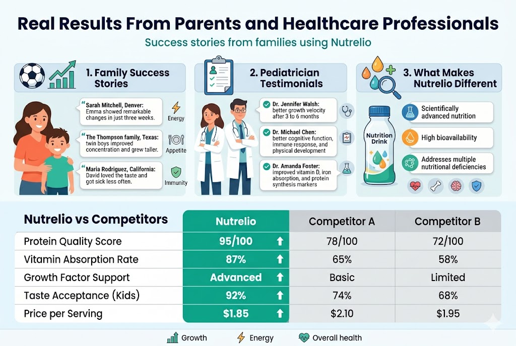 Aspect ratio 3:2, full-bleed wide infographic in a clean professional medical style, white background with blue, teal, green, and orange accents, modern sans-serif typography, strong visual hierarchy, no frame, no inset margins, no vertical poster layout.

Top header across the full width: bold title in dark navy, “Real Results From Parents and Healthcare Professionals”
Subtitle beneath in smaller teal text: “Success stories from families using Nutrelio”

Main layout: three wide horizontal sections with clear icons and numbered labels, plus a comparison table at the bottom.

LEFT TO RIGHT top-to-middle section:
1) Left block with a smiling mother and child illustration, a soccer ball icon, and a growth chart icon. Heading: “1. Family Success Stories”
Include three short quote-style cards:
- “Sarah Mitchell, Denver: Emma showed remarkable changes in just three weeks.”
- “The Thompson family, Texas: twin boys improved concentration and grew taller.”
- “Maria Rodriguez, California: David loved the taste and got sick less often.”
Add small icons for energy, appetite, and immunity beside the cards.

2) Center block with two pediatric professionals in white coats and a clipboard icon. Heading: “2. Pediatrician Testimonials”
Use three stacked mini callout boxes with checkmark icons:
- “Dr. Jennifer Walsh: better growth velocity after 3 to 6 months”
- “Dr. Michael Chen: better cognitive function, immune response, and physical development”
- “Dr. Amanda Foster: improved vitamin D, iron absorption, and protein synthesis markers”
Include subtle stethoscope, chart, and lab test icons.

3) Right block with a nutrition drink bottle, nutrient droplets, and a magnifying glass icon. Heading: “3. What Makes Nutrelio Different”
Three feature badges with icons:
- “Scientifically advanced nutrition”
- “High bioavailability”
- “Addresses multiple nutritional deficiencies”
Add small icons for heart, bone, brain, and shield.

BOTTOM SECTION: wide comparison table spanning the full width, titled in bold navy: “Nutrelio vs Competitors”
Use a clean 3-column table with headers: “Nutrelio”, “Competitor A”, “Competitor B”
Rows and values exactly:
- “Protein Quality Score” | “95/100” | “78/100” | “72/100”
- “Vitamin Absorption Rate” | “87%” | “65%” | “58%”
- “Growth Factor Support” | “Advanced” | “Basic” | “Limited”
- “Taste Acceptance (Kids)” | “92%” | “74%” | “68%”
- “Price per Serving” | “$1.85” | “$2.10” | “$1.95”
Highlight the Nutrelio column in teal/green, competitors in light gray, with small upward arrow icons for Nutrelio metrics.

Bottom footer strip with three small icons and short labels:
- “Growth”
- “Energy”
- “Overall health”

Use crisp infographic spacing, balanced wide composition, subtle shadows, rounded cards, medical and family-friendly illustrations, professional clinical aesthetic.