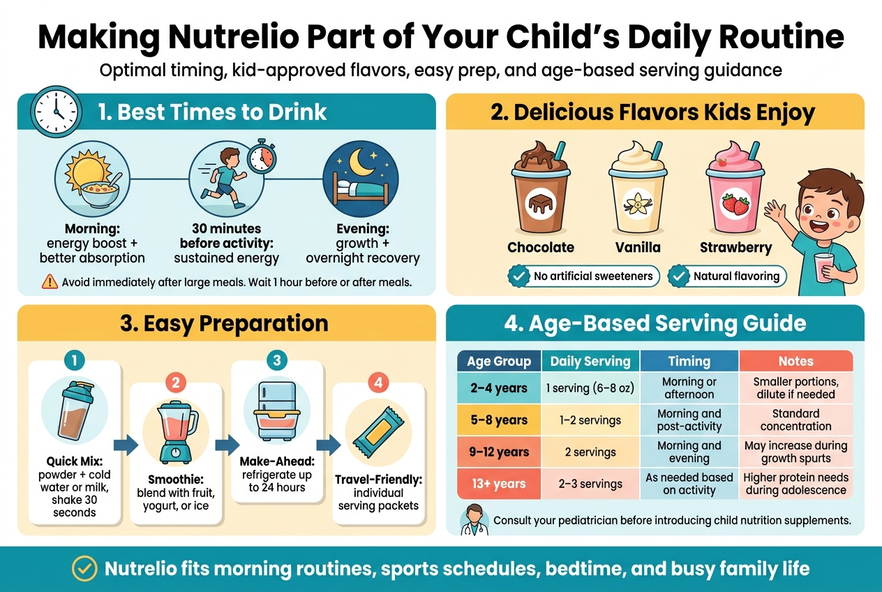 Create a clean, modern infographic illustration in a full-bleed 3:2 landscape layout with a bright pediatric-health color palette of teal, blue, warm yellow, coral, and white, using rounded sans-serif fonts, subtle shadows, and clear visual hierarchy.

Top header across the full width:
Bold title text: "Making Nutrelio Part of Your Child