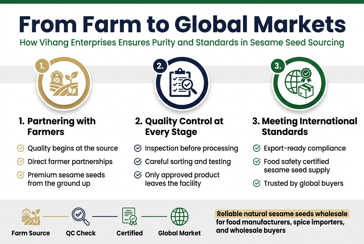 From Farm to Global Markets: How Vihang Enterprises Ensures Purity and Standards in Sesame Seed Sourcing 3:2 aspect ratio, full-bleed professional infographic on a clean white background with deep green, golden beige, and dark navy accents, modern sans-serif fonts, strong visual hierarchy. Top band across the full width with a bold headline in dark navy: "From Farm to Global Markets" Smaller subtitle beneath in green: "How Vihang Enterprises Ensures Purity and Standards in Sesame Seed Sourcing" Below the title, create three wide horizontal sections across the page, arranged left to right in equal columns, each with a numbered circle icon and a clear visual symbol. Left section: A gold circular icon with a farm and seed sprout symbol. Heading: "1. Partnering with Farmers" Three short bullet lines with check icons: "Quality begins at the source" "Direct farmer partnerships" "Premium sesame seeds from the ground up" Center section: A navy circular icon with a quality control clipboard and magnifying glass symbol. Heading: "2. Quality Control at Every Stage" Three short bullet lines with check icons: "Inspection before processing" "Careful sorting and testing" "Only approved product leaves the facility" Right section: A green circular icon with a globe, certification badge, and shipping box symbol. Heading: "3. Meeting International Standards" Three short bullet lines with check icons: "Export-ready compliance" "Food safety certified sesame seed supply" "Trusted by global buyers" Along the bottom, add a wide footer strip with a simple process flow line and four small icons from left to right: farm, inspection, certificate, globe. Add short labels under the icons: "Farm Source" "QC Check" "Certified" "Global Market" Add a small closing statement in a highlighted beige box at bottom right: "Reliable natural sesame seeds wholesale for food manufacturers, spice importers, and wholesale buyers" Use crisp spacing, balanced alignment, clean vector-style illustrations, subtle shadowing, and a polished B2B export infographic look. No photo background, no clutter, no vertical poster layout.