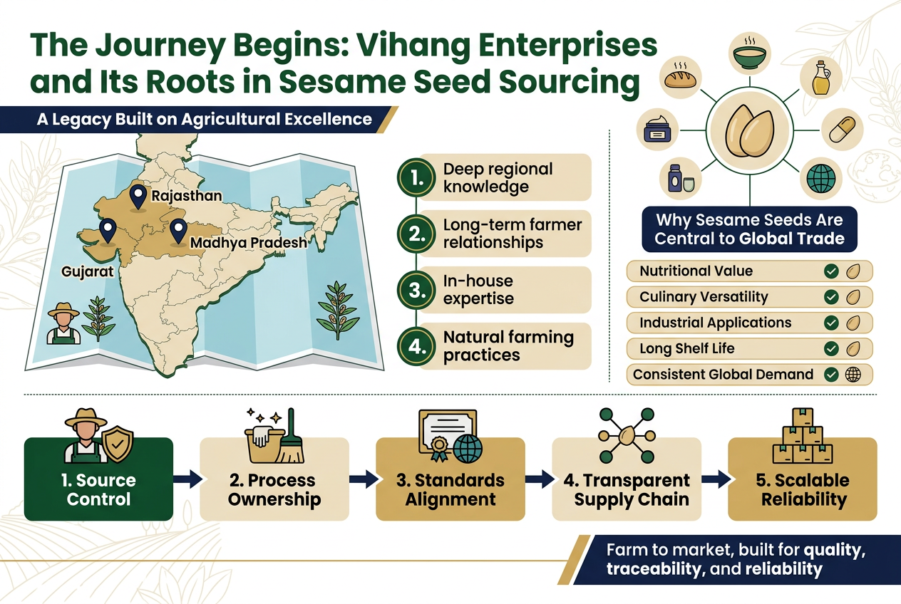 From Farm to Global Markets: How Vihang Enterprises Ensures Purity and Standards in Sesame Seed Sourcing Aspect ratio 3:2, full-bleed professional infographic, clean modern corporate style, white background with deep green, sesame beige, gold, and navy accents, bold sans-serif typography, subtle agricultural line-art patterns in background, wide horizontal layout with three main sections and clear hierarchy. Top banner across full width: large bold heading in dark green, centered-left: "The Journey Begins: Vihang Enterprises and Its Roots in Sesame Seed Sourcing" Small subtitle beneath in navy: "A Legacy Built on Agricultural Excellence" Left upper section: a wide illustrated map-style strip of India with three highlighted regions and small location pins labeled: "Gujarat" "Rajasthan" "Madhya Pradesh" Add small farmer and sesame plant icons near the map. Beside it, a 4-point pillar block with numbered circles and icons: "1. Deep regional knowledge" "2. Long-term farmer relationships" "3. In-house expertise" "4. Natural farming practices" Right upper section: a global trade panel with a sesame seed illustration in the center and surrounding small icons for bakery, tahini bowl, oil bottle, cosmetics jar, capsule, and world globe. Add a bold label: "Why Sesame Seeds Are Central to Global Trade" Below it, a neat 5-row fact block with short labels: "Nutritional Value" "Culinary Versatility" "Industrial Applications" "Long Shelf Life" "Consistent Global Demand" Use small check icons or seed icons for each row. Bottom full-width section: a horizontal farm-to-market flow diagram with 5 connected blocks and arrows, each block with a distinct icon and bold heading: "1. Source Control" with farmer and shield icon "2. Process Ownership" with cleaning and grading icon "3. Standards Alignment" with certificate and globe icon "4. Transparent Supply Chain" with linked nodes icon "5. Scalable Reliability" with stacked boxes icon Add a concluding callout box at bottom right in navy with gold accent: "Farm to market, built for quality, traceability, and reliability" Use crisp spacing, strong visual hierarchy, no vertical poster frame, no inset margins, no clutter, no photo realism, flat vector illustration style.