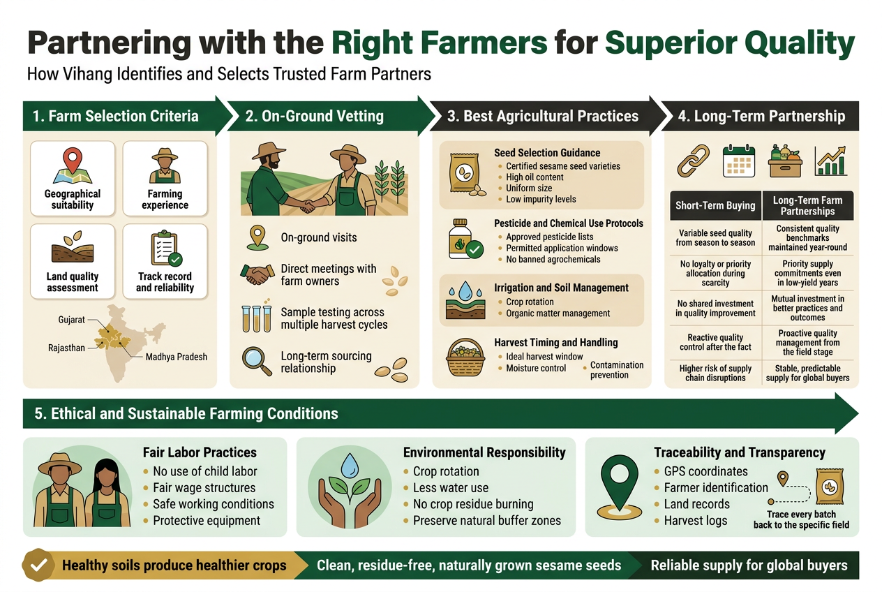 From Farm to Global Markets: How Vihang Enterprises Ensures Purity and Standards in Sesame Seed Sourcing Create a clean, professional infographic illustration in a 3:2 aspect ratio with a full-bleed horizontal layout, no poster frame, no narrow centered stack. Use a modern corporate style with a white background, deep green, sesame beige, gold, and dark charcoal accents. Use bold sans-serif typography for headings and smaller readable sans-serif text for body copy. Top header across the full width: Large bold title in dark charcoal and deep green: "Partnering with the Right Farmers for Superior Quality" Small subtitle beneath: "How Vihang Identifies and Selects Trusted Farm Partners" Main layout: use a wide 4-section horizontal flow from left to right with connected arrows and a secondary bottom band for long-term partnership and sustainability. Section 1 on the upper left: "1. Farm Selection Criteria" Use a map pin icon, soil icon, seed icon, and clipboard icon in four small illustrated cards. Include these short labels in each card: "Geographical suitability" "Farming experience" "Land quality assessment" "Track record and reliability" Add a small India map graphic with highlighted regions labeled: "Gujarat", "Rajasthan", "Madhya Pradesh" Section 2 in the upper middle-left: "2. On-Ground Vetting" Show a farmer handshake scene, field visit, sample test tubes, and magnifying glass icons. Include text: "On-ground visits" "Direct meetings with farm owners" "Sample testing across multiple harvest cycles" "Long-term sourcing relationship" Section 3 in the upper middle-right: "3. Best Agricultural Practices" Use four icon blocks with clear symbols: seed packet, pesticide bottle with checkmark, water droplet and soil layers, harvest basket. Include these labels: "Seed Selection Guidance" "Certified sesame seed varieties" "High oil content" "Uniform size" "Low impurity levels" "Pesticide and Chemical Use Protocols" "Approved pesticide lists" "Permitted application windows" "No banned agrochemicals" "Irrigation and Soil Management" "Crop rotation" "Organic matter management" "Harvest Timing and Handling" "Ideal harvest window" "Moisture control" "Contamination prevention" Section 4 on the upper right: "4. Long-Term Partnership" Show a chain-link icon, calendar icon, supply crate icon, and upward trend line. Include a comparison mini-table with two columns and a bold divider: Left column heading: "Short-Term Buying" Right column heading: "Long-Term Farm Partnerships" Rows: "Variable seed quality from season to season" | "Consistent quality benchmarks maintained year-round" "No loyalty or priority allocation during scarcity" | "Priority supply commitments even in low-yield years" "No shared investment in quality improvement" | "Mutual investment in better practices and outcomes" "Reactive quality control after the fact" | "Proactive quality management from the field stage" "Higher risk of supply chain disruptions" | "Stable, predictable supply for global buyers" Bottom wide band spanning the full width: "5. Ethical and Sustainable Farming Conditions" Use three large illustrated panels with icons and subtle green highlights. Panel 1 title: "Fair Labor Practices" Bullets: "No use of child labor" "Fair wage structures" "Safe working conditions" "Protective equipment" Panel 2 title: "Environmental Responsibility" Bullets: "Crop rotation" "Less water use" "No crop residue burning" "Preserve natural buffer zones" Panel 3 title: "Traceability and Transparency" Bullets: "GPS coordinates" "Farmer identification" "Land records" "Harvest logs" Add a small route line ending in a seed bag icon labeled: "Trace every batch back to the specific field" Add a small concluding strip at the very bottom in gold and green with a checkmark icon and bold text: "Healthy soils produce healthier crops" "Clean, residue-free, naturally grown sesame seeds" "Reliable supply for global buyers" Visual style: Use flat vector icons, subtle shadows, neat alignment, clear spacing, and strong visual hierarchy. Emphasize sesame seeds with small seed illustrations and warm beige tones. Keep all text sharp, legible, and exactly as written.