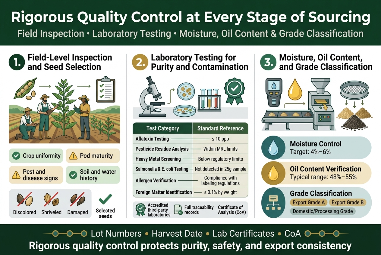 From Farm to Global Markets: How Vihang Enterprises Ensures Purity and Standards in Sesame Seed Sourcing Create a full-bleed professional infographic in 3:2 aspect ratio with a clean white background, deep green, gold, charcoal, and teal color palette, modern sans-serif fonts, and a strong visual hierarchy. Top header spanning the full width: Large bold title text: "Rigorous Quality Control at Every Stage of Sourcing" Subtitle in smaller text: "Field Inspection • Laboratory Testing • Moisture, Oil Content & Grade Classification" Main layout: three wide horizontal sections across the page, each with a bold section heading, numbered label, and matching icon. LEFT SECTION — "1. Field-Level Inspection and Seed Selection" Use a farm-field illustration with agronomists inspecting sesame plants, a seed pod, and a clipboard icon. Include four short bullet blocks with small green check icons and warning symbols: - "Crop uniformity" - "Pod maturity" - "Pest and disease signs" - "Soil and water history" Add a small seed sorting strip below with clean and damaged seeds icons, labeled: "Discolored", "Shriveled", "Damaged" → crossed out; "Selected seeds" → checkmarked. CENTER SECTION — "2. Laboratory Testing for Purity and Contamination" Use a lab illustration with a microscope, test tubes, Petri dish, and certified lab badge icons. Show a neat table-style block with two columns: "Test Category" and "Standard Reference". Display these rows clearly: "Aflatoxin Testing — ≤ 10 ppb" "Pesticide Residue Analysis — Within MRL limits" "Heavy Metal Screening — Below regulatory limits" "Salmonella & E. coli Testing — Not detected in 25g sample" "Allergen Verification — Compliance with labeling regulations" "Foreign Matter Identification — ≤ 0.1% by weight" Add a small badge line beneath: "Accredited third-party laboratories" "Full traceability records" "Certificate of Analysis (CoA)" RIGHT SECTION — "3. Moisture, Oil Content, and Grade Classification" Use a processing illustration with a moisture meter, oil drop, sorting machine, sieve, and graded seed piles. Create three stacked horizontal callout blocks: - "Moisture Control" with a droplet icon and text: "Target: 4%–6%" - "Oil Content Verification" with an oil drop icon and text: "Typical range: 48%–55%" - "Grade Classification" with a sorting icon and three labeled chips: "Export Grade A" "Export Grade B" "Domestic/Processing Grade" Bottom footer band across the full width with a strong assurance message and a traceability chain graphic of connected nodes: "Lot Numbers • Harvest Date • Lab Certificates • CoA" Add a final bold statement: "Rigorous quality control protects purity, safety, and export consistency" Use clean icons, clear spacing, subtle dividers, and a polished corporate infographic style. Avoid crowded text, use readable labels, and keep all sections aligned in a wide landscape composition.