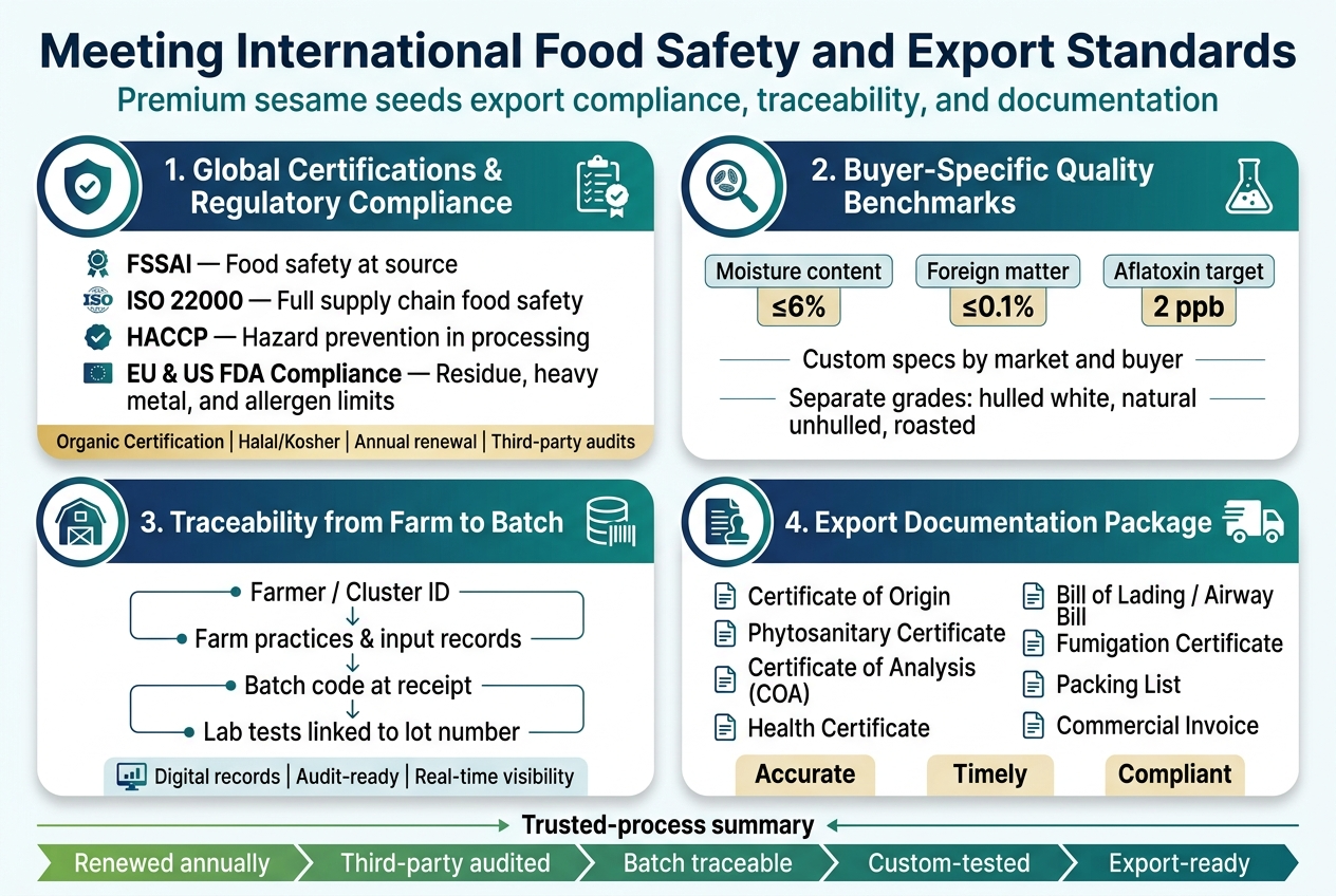 From Farm to Global Markets: How Vihang Enterprises Ensures Purity and Standards in Sesame Seed Sourcing Create a full-bleed professional infographic in a 3:2 aspect ratio, clean corporate style, wide horizontal layout, white background with deep blue, teal, green, and gold accents, modern sans-serif fonts, strong visual hierarchy, crisp icons, no poster frame, no inset margins. Top header across the full width: Large bold title in dark blue: "Meeting International Food Safety and Export Standards" Smaller subtitle beneath in teal: "Premium sesame seeds export compliance, traceability, and documentation" Main layout: four wide horizontal sections arranged in a 2x2 grid of large rounded cards, each card with a colored header bar, an icon on the left, and concise text. Top-left card: Header text: "1. Global Certifications & Regulatory Compliance" Use shield, certificate, and checklist icons. Include four short bullet points with small icon markers: "FSSAI — Food safety at source" "ISO 22000 — Full supply chain food safety" "HACCP — Hazard prevention in processing" "EU & US FDA Compliance — Residue, heavy metal, and allergen limits" Small footer line in gold: "Organic Certification | Halal/Kosher | Annual renewal | Third-party audits" Top-right card: Header text: "2. Buyer-Specific Quality Benchmarks" Use magnifying glass, seed sample, and lab flask icons. Show three metric callouts in small boxed labels: "Moisture content ≤6%" "Foreign matter ≤0.1%" "Aflatoxin target 2 ppb" Add two short lines: "Custom specs by market and buyer" "Separate grades: hulled white, natural unhulled, roasted" Bottom-left card: Header text: "3. Traceability from Farm to Batch" Use farm, barcode, and digital database icons. Show a simple vertical flow with arrows and four labeled nodes: "Farmer / Cluster ID" "Farm practices & input records" "Batch code at receipt" "Lab tests linked to lot number" Add a small digital screen icon with text: "Digital records | Audit-ready | Real-time visibility" Bottom-right card: Header text: "4. Export Documentation Package" Use document, stamp, shipping box, and truck icons. Display an organized checklist with document icons: "Certificate of Origin" "Phytosanitary Certificate" "Certificate of Analysis (COA)" "Health Certificate" "Fumigation Certificate" "Bill of Lading / Airway Bill" "Packing List" "Commercial Invoice" Add three emphasized labels at the bottom: "Accurate" "Timely" "Compliant" Bottom band across the full width, styled as a trusted-process summary with a green gradient and small connected arrows: "Renewed annually" "Third-party audited" "Batch traceable" "Custom-tested" "Export-ready" Visual style: Use clean icons, subtle shadows, organized spacing, thin divider lines, and infographic callout labels. Emphasize trust, precision, global trade, and food safety. Keep all text legible, balanced, and aligned in wide sections.