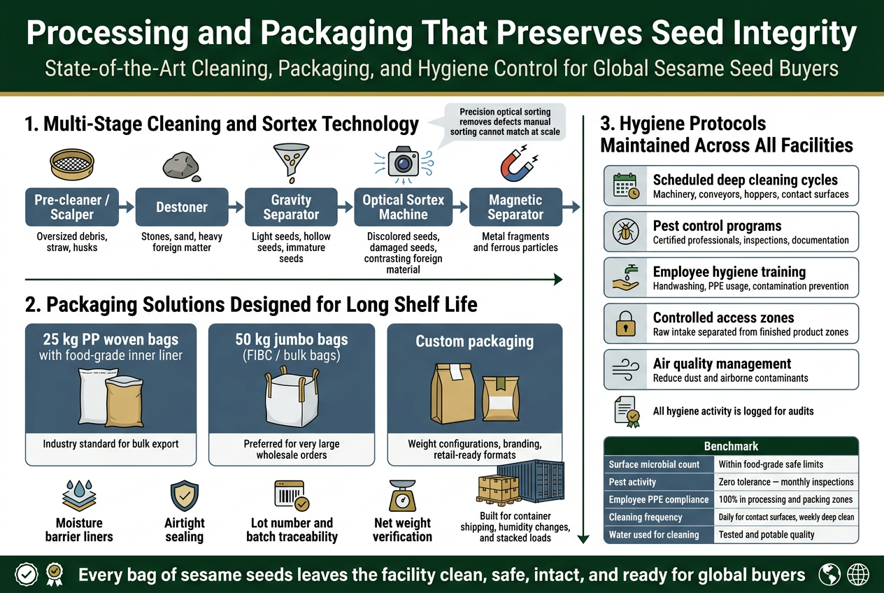From Farm to Global Markets: How Vihang Enterprises Ensures Purity and Standards in Sesame Seed Sourcing Create a full-bleed professional infographic in a 3:2 landscape aspect ratio about sesame seed quality control, with a clean modern food-industry design, white background, deep green and gold accent colors, dark charcoal text, and blue-gray process panels. Use bold sans-serif typography with a clear visual hierarchy. Top header across full width: Large bold title text: "Processing and Packaging That Preserves Seed Integrity" Smaller subtitle beneath: "State-of-the-Art Cleaning, Packaging, and Hygiene Control for Global Sesame Seed Buyers" Main layout: three wide horizontal sections across the page, separated by thin dividers, with icons and numbered blocks. LEFT WIDE SECTION: "1. Multi-Stage Cleaning and Sortex Technology" Place a horizontal flow diagram with five connected process blocks, each with a small icon above it and an arrow to the next block. Block 1 label: "Pre-cleaner / Scalper" with text below: "Oversized debris, straw, husks" Block 2 label: "Destoner" with text below: "Stones, sand, heavy foreign matter" Block 3 label: "Gravity Separator" with text below: "Light seeds, hollow seeds, immature seeds" Block 4 label: "Optical Sortex Machine" with text below: "Discolored seeds, damaged seeds, contrasting foreign material" Block 5 label: "Magnetic Separator" with text below: "Metal fragments and ferrous particles" Add small visual symbols: sieve, stone, seed separation funnel, optical camera scanner with air jets, magnet. Include a small callout box on the right side of this section with the text: "Precision optical sorting removes defects manual sorting cannot match at scale" CENTER WIDE SECTION: "2. Packaging Solutions Designed for Long Shelf Life" Use three large packaging cards side by side with bag illustrations. Card 1 heading: "25 kg PP woven bags with food-grade inner liner" Caption: "Industry standard for bulk export" Card 2 heading: "50 kg jumbo bags (FIBC / bulk bags)" Caption: "Preferred for very large wholesale orders" Card 3 heading: "Custom packaging" Caption: "Weight configurations, branding, retail-ready formats" Below the cards, add a row of four feature icons with labels: "Moisture barrier liners" "Airtight sealing" "Lot number and batch traceability" "Net weight verification" Add a small container-shipping illustration at the far right with stacked pallets and a shipping container, with label text: "Built for container shipping, humidity changes, and stacked loads" RIGHT WIDE SECTION: "3. Hygiene Protocols Maintained Across All Facilities" Create a clean checklist-style panel with five horizontal items, each with a simple icon and bold label. Item 1: "Scheduled deep cleaning cycles" with subtext: "Machinery, conveyors, hoppers, contact surfaces" Item 2: "Pest control programs" with subtext: "Certified professionals, inspections, documentation" Item 3: "Employee hygiene training" with subtext: "Handwashing, PPE usage, contamination prevention" Item 4: "Controlled access zones" with subtext: "Raw intake separated from finished product zones" Item 5: "Air quality management" with subtext: "Reduce dust and airborne contaminants" Add a small document badge icon and the text: "All hygiene activity is logged for audits" At the bottom of this section, include a compact benchmark table with two columns and these exact rows: "Surface microbial count" | "Within food-grade safe limits" "Pest activity" | "Zero tolerance — monthly inspections" "Employee PPE compliance" | "100% in processing and packing zones" "Cleaning frequency" | "Daily for contact surfaces, weekly deep clean" "Water used for cleaning" | "Tested and potable quality" Bottom footer strip across the full width with a strong concluding statement: "Every bag of sesame seeds leaves the facility clean, safe, intact, and ready for global buyers" Include small certification and globe icons near the footer, with subtle arrows linking the three sections to show a complete flow from cleaning to packaging to hygiene compliance. Use crisp vector-style illustrations, aligned spacing, balanced composition, and no empty poster-like margins.