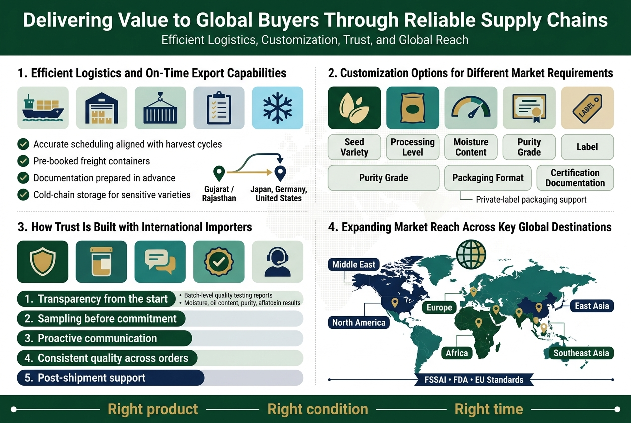 From Farm to Global Markets: How Vihang Enterprises Ensures Purity and Standards in Sesame Seed Sourcing Create a full-bleed professional infographic illustration in aspect ratio 3:2, wide horizontal layout, clean modern corporate style, white background with deep green, teal, gold, and navy accents, crisp sans-serif fonts, bold hierarchy, subtle map/grid texture. Top header across the full width: Bold title text: "Delivering Value to Global Buyers Through Reliable Supply Chains" Smaller subtitle below: "Efficient Logistics, Customization, Trust, and Global Reach" Main layout: four wide horizontal sections arranged in a 2x2 grid with clear icons and labeled blocks, plus a global destination map band along the bottom. Section 1, upper left, titled "1. Efficient Logistics and On-Time Export Capabilities" Use a cargo ship icon, warehouse icon, container icon, clipboard icon, and cold-chain snowflake icon. Include four compact bullet lines with check icons: "Accurate scheduling aligned with harvest cycles" "Pre-booked freight containers" "Documentation prepared in advance" "Cold-chain storage for sensitive varieties" Add a small route graphic from "Gujarat / Rajasthan" to "Japan, Germany, United States" Section 2, upper right, titled "2. Customization Options for Different Market Requirements" Use a sesame seed icon, bag icon, gauge icon, certificate icon, and label icon. Show six horizontal mini-cards with short labels: "Seed Variety" "Processing Level" "Moisture Content" "Purity Grade" "Packaging Format" "Certification Documentation" Add small text under the packaging card: "Private-label packaging support" Section 3, lower left, titled "3. How Trust Is Built with International Importers" Use a shield icon, sample jar icon, speech bubble icon, quality check icon, and support headset icon. Include five numbered trust steps in a vertical list: "Transparency from the start" "Sampling before commitment" "Proactive communication" "Consistent quality across orders" "Post-shipment support" Add small supporting labels beside the first item: "Batch-level quality testing reports" "Moisture, oil content, purity, aflatoxin results" Section 4, lower right, titled "4. Expanding Market Reach Across Key Global Destinations" Use a globe icon centered above a world map with highlighted regions and pins. Label six destination callouts around the map: "Middle East" "East Asia" "North America" "Europe" "Africa" "Southeast Asia" Add a slim compliance ribbon beneath the map: "FSSAI • FDA • EU Standards" Bottom band across the full width: a clean footer strip with a simple flow line and three highlighted phrases in bold: "Right product" "Right condition" "Right time" Visual style: neat iconography, balanced spacing, strong alignment, minimal decorative clutter, infographic data-visual layout, high readability, professional export-trade aesthetic.